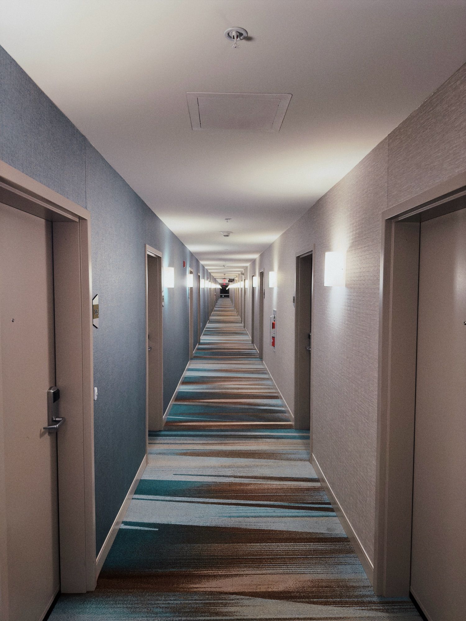 A very long hallway at a hotel in Pennsylvania