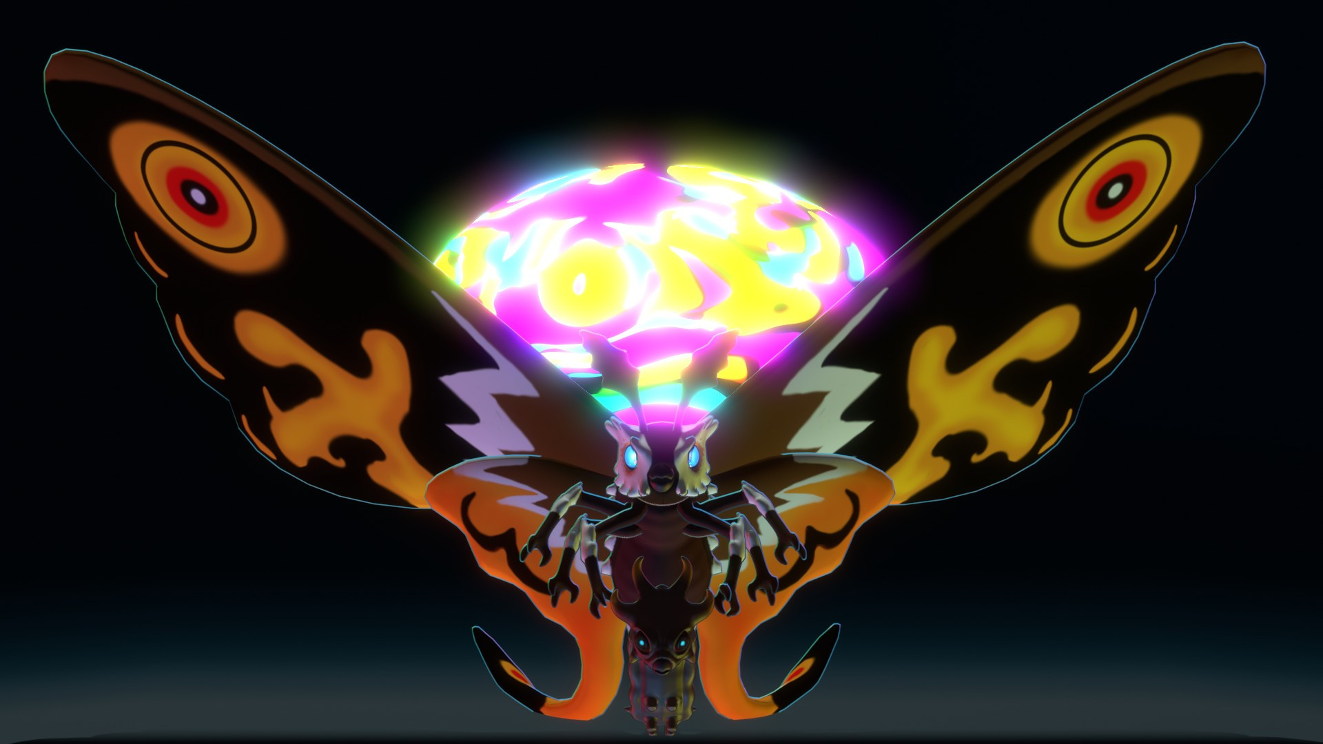 2 stylized models of Mothra ( larva and winged). There is a rainbowish glowing energy behind winged mothra and the background is a dark blue.