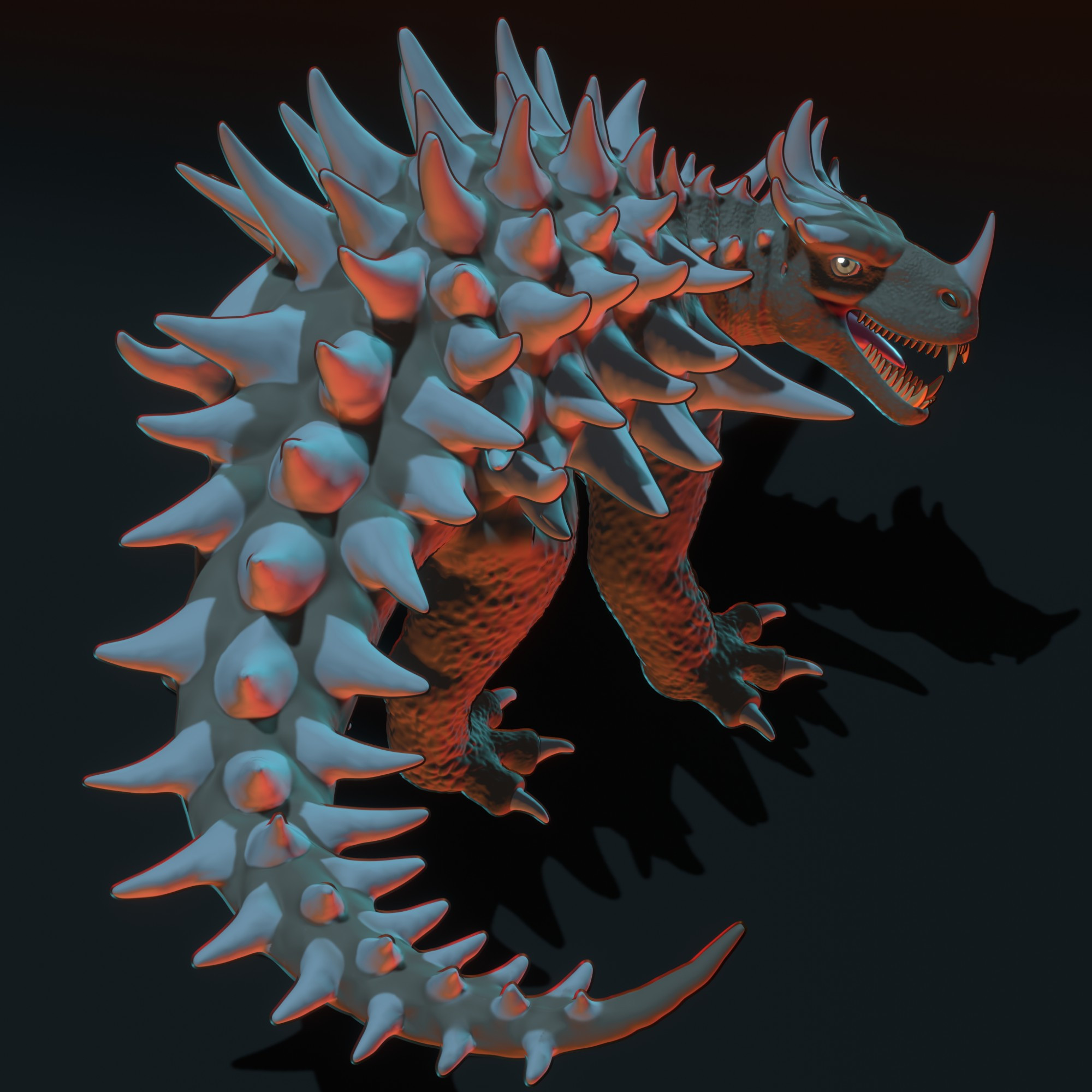 Stylized model of Anguirus. The camera is above them showing their body spikes. 