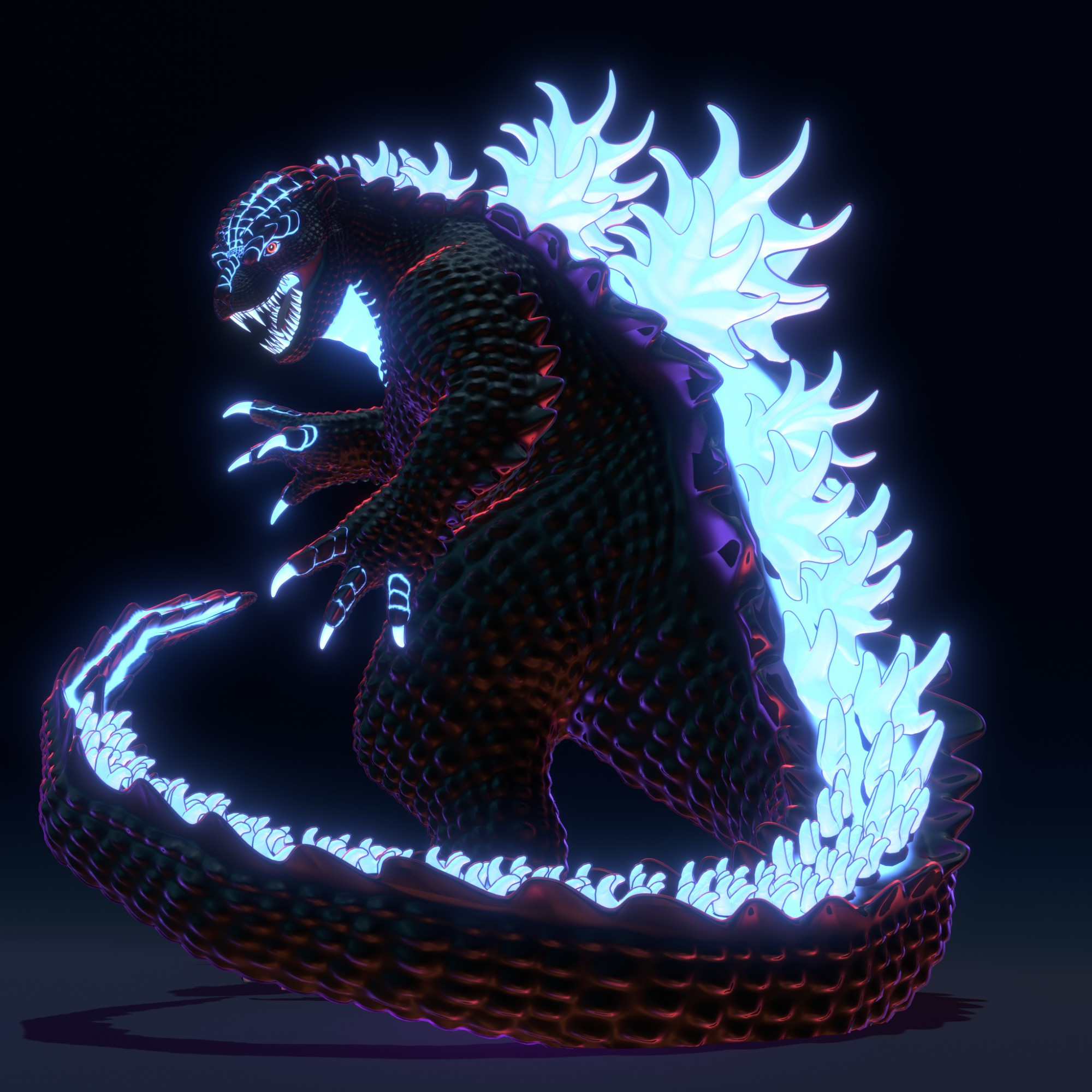 A stylized model of Godzilla in a cruelish pose with redish lighting and a dark blue background. Godzilla's plates are also glowing blue.