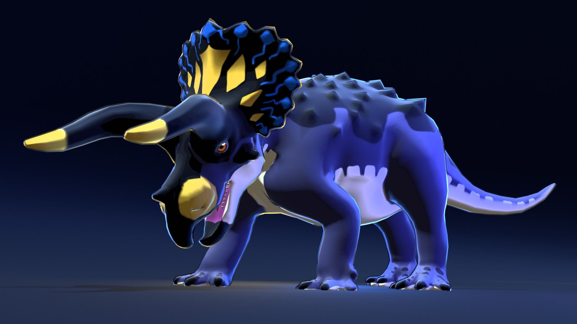 A render of a Triceratops with colors ranging from blueish purple to yellow