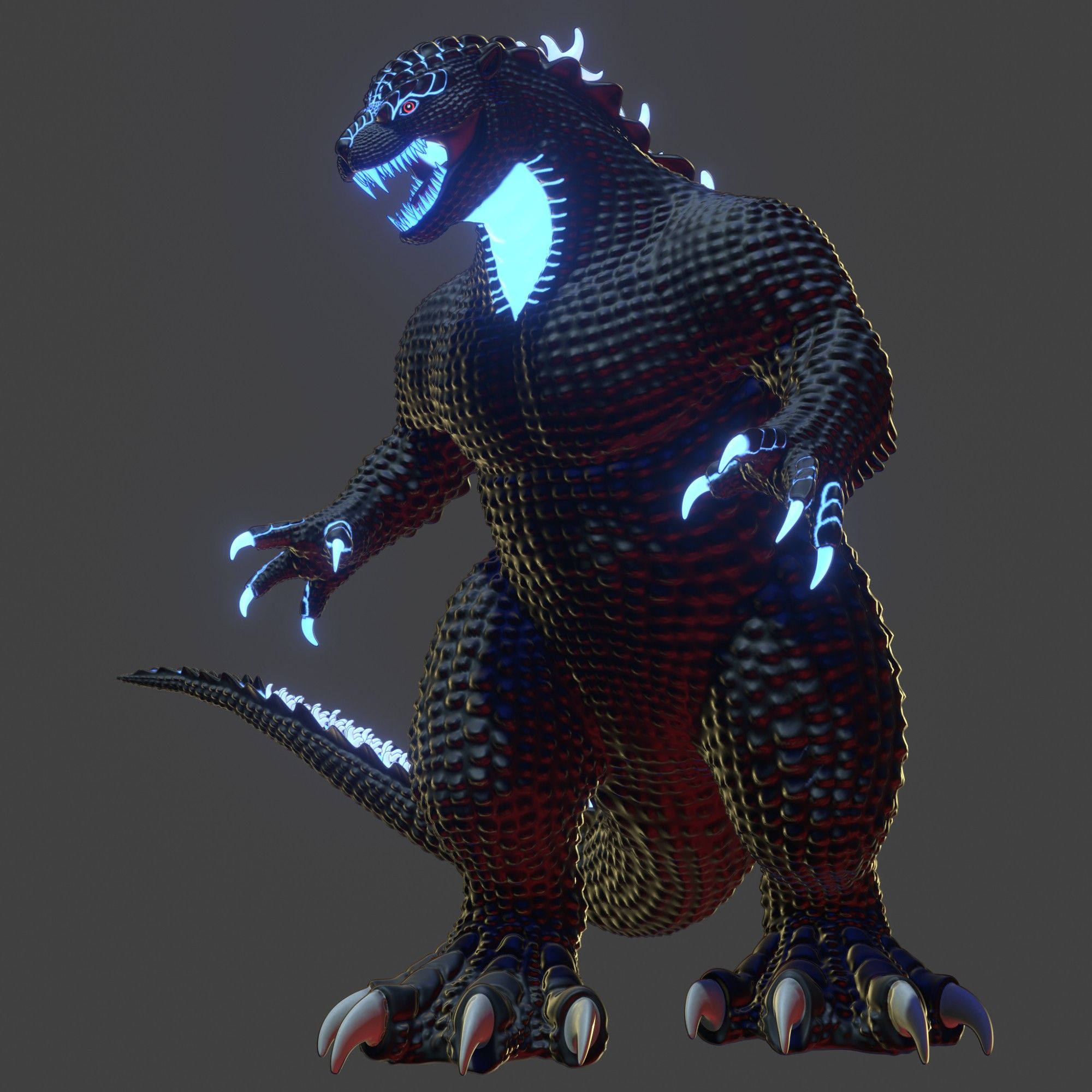 A screenshot of a Godzilla model that is glowing blue