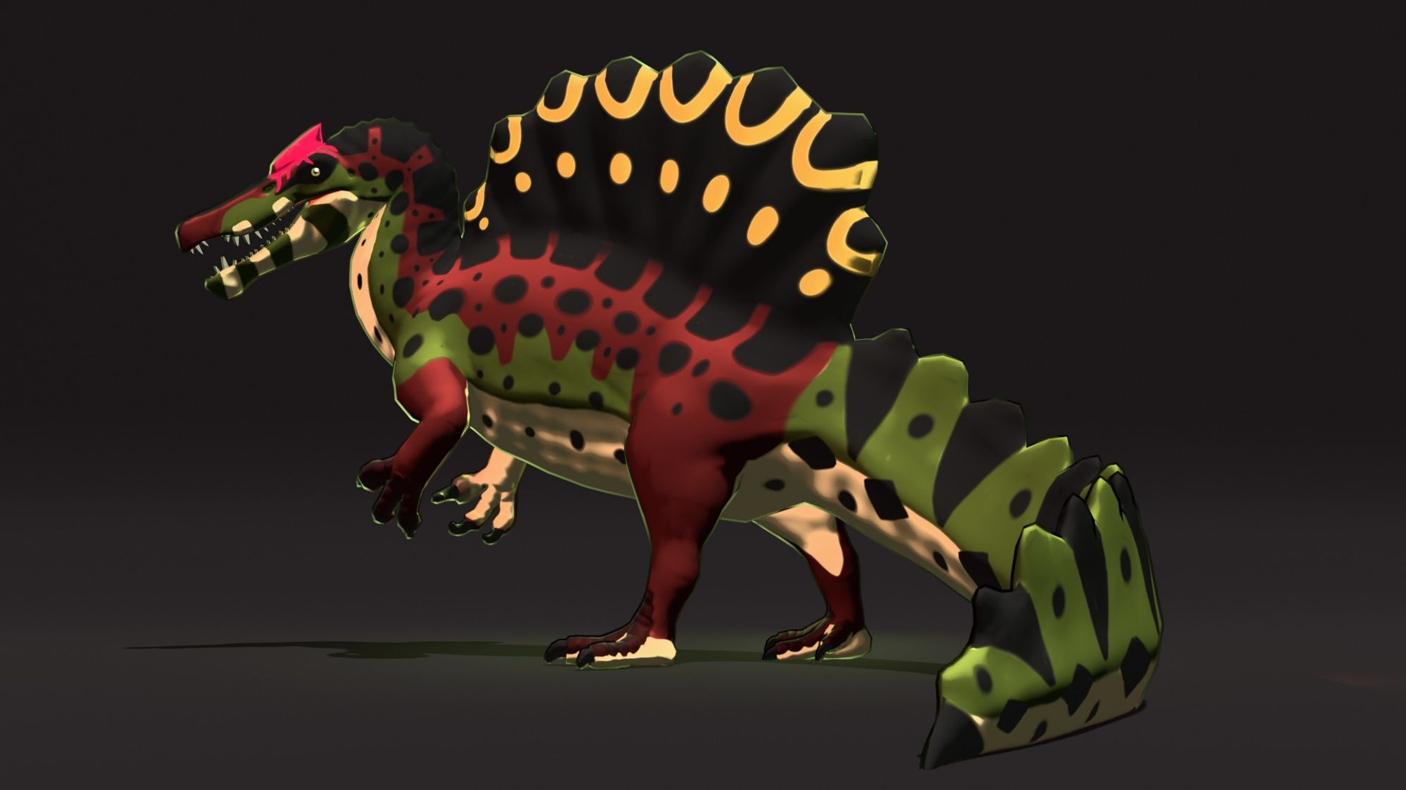 A render of a Spinosaurus with colors ranging from green, reddish brown, black, and yellow