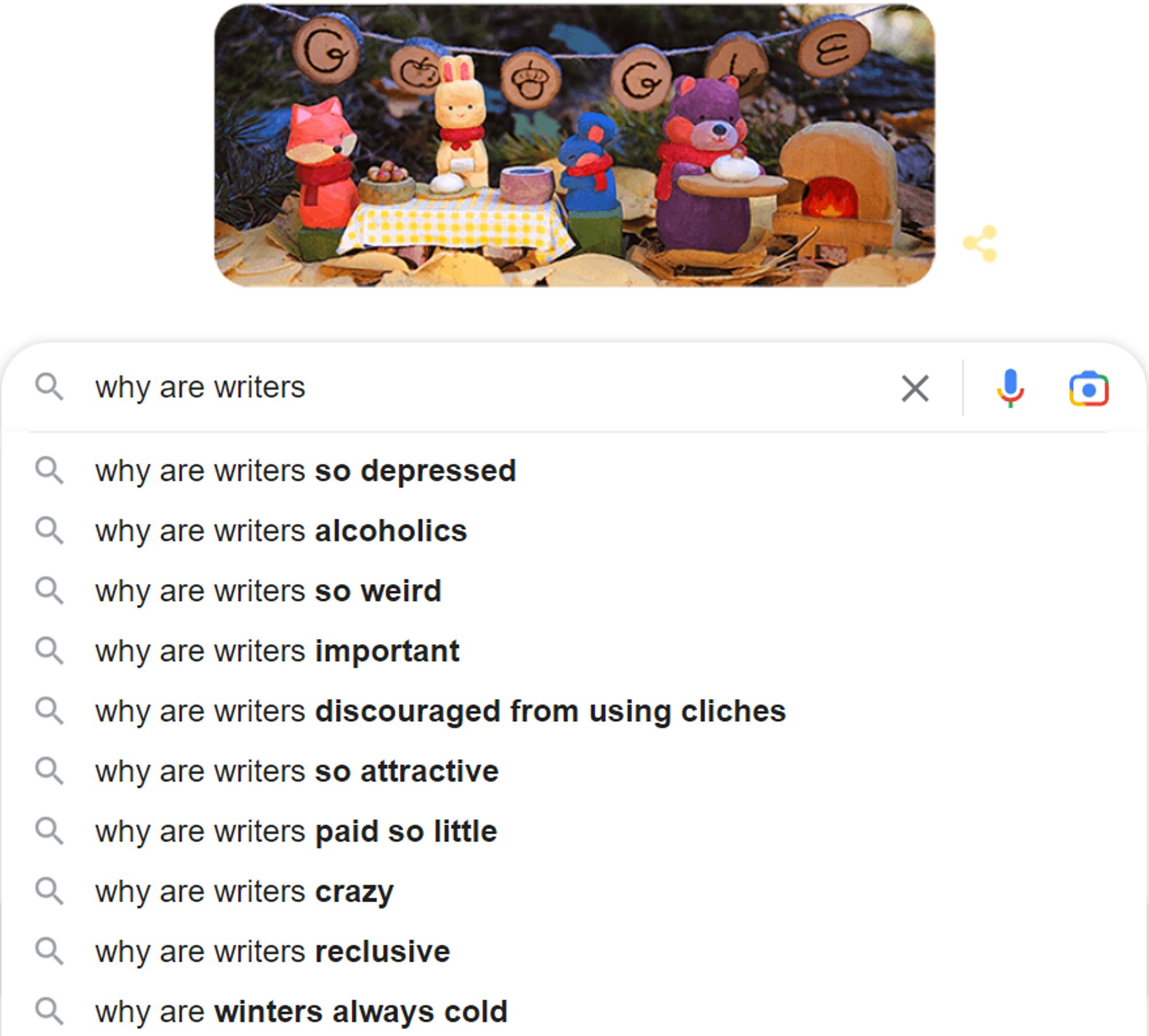 screenshot of google search suggestions for "why are writers": why are writers so depressed, why are writers alcoholics, why are writers so weird, why are writers important, why are writers discouraged from using cliches, why are writers so attractive, why are writers paid so little, why are writers crazy, why are writers reclusive, why are winters always cold