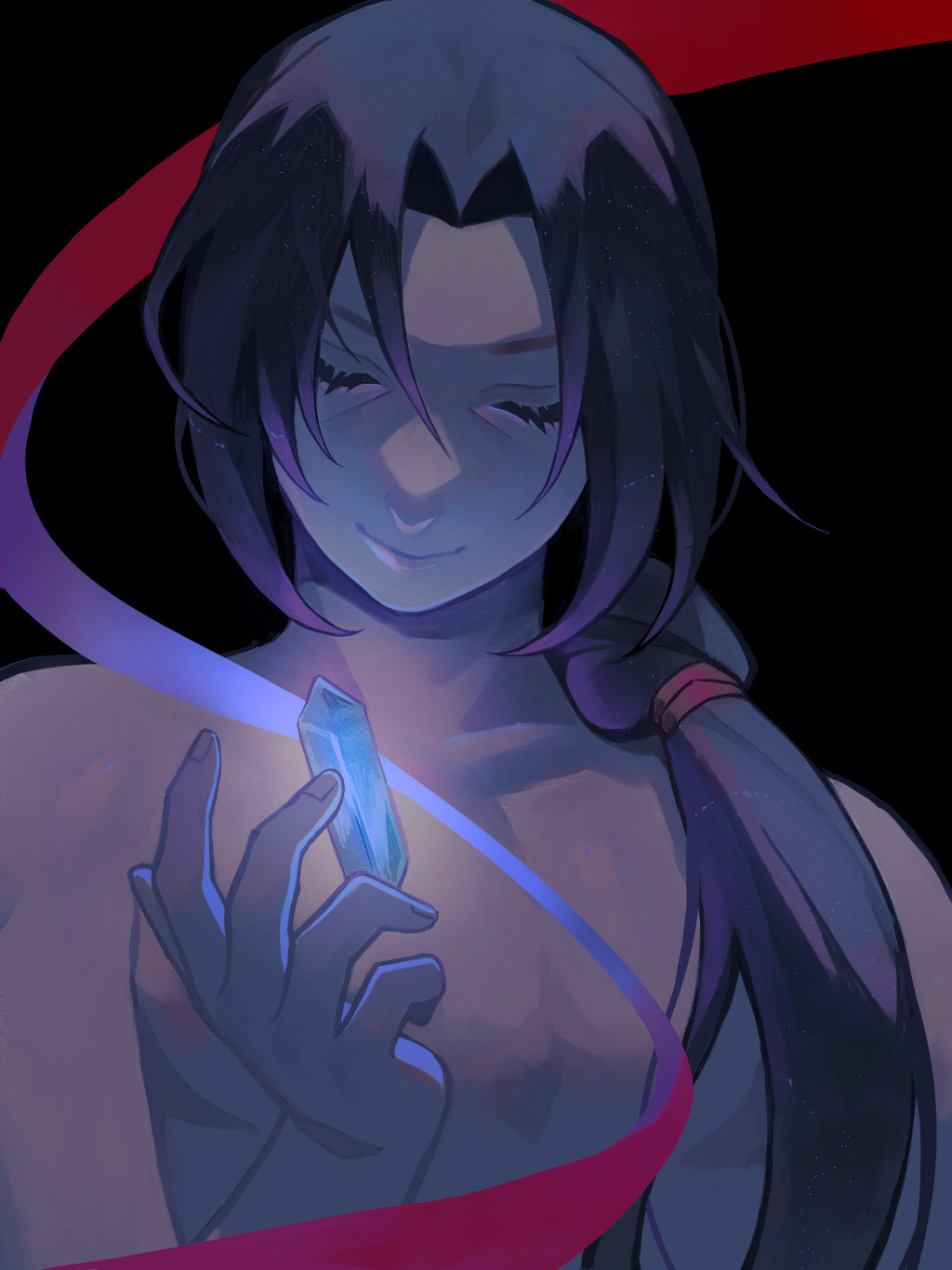 Itachi shirtless, holding a blue glowing crystal with a red ribbon wrapping around him and the crystal