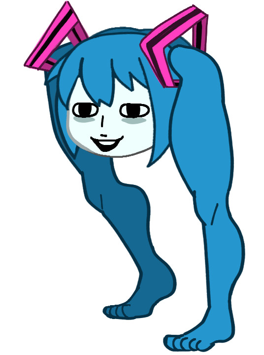 A pale face with a thin nose and shrewd eyes happily stares forward. It is only a head with teal blue hair put up in pigtails tied with bright pink and black striped hoops. The pigtails trail down to form human legs, feet and all.