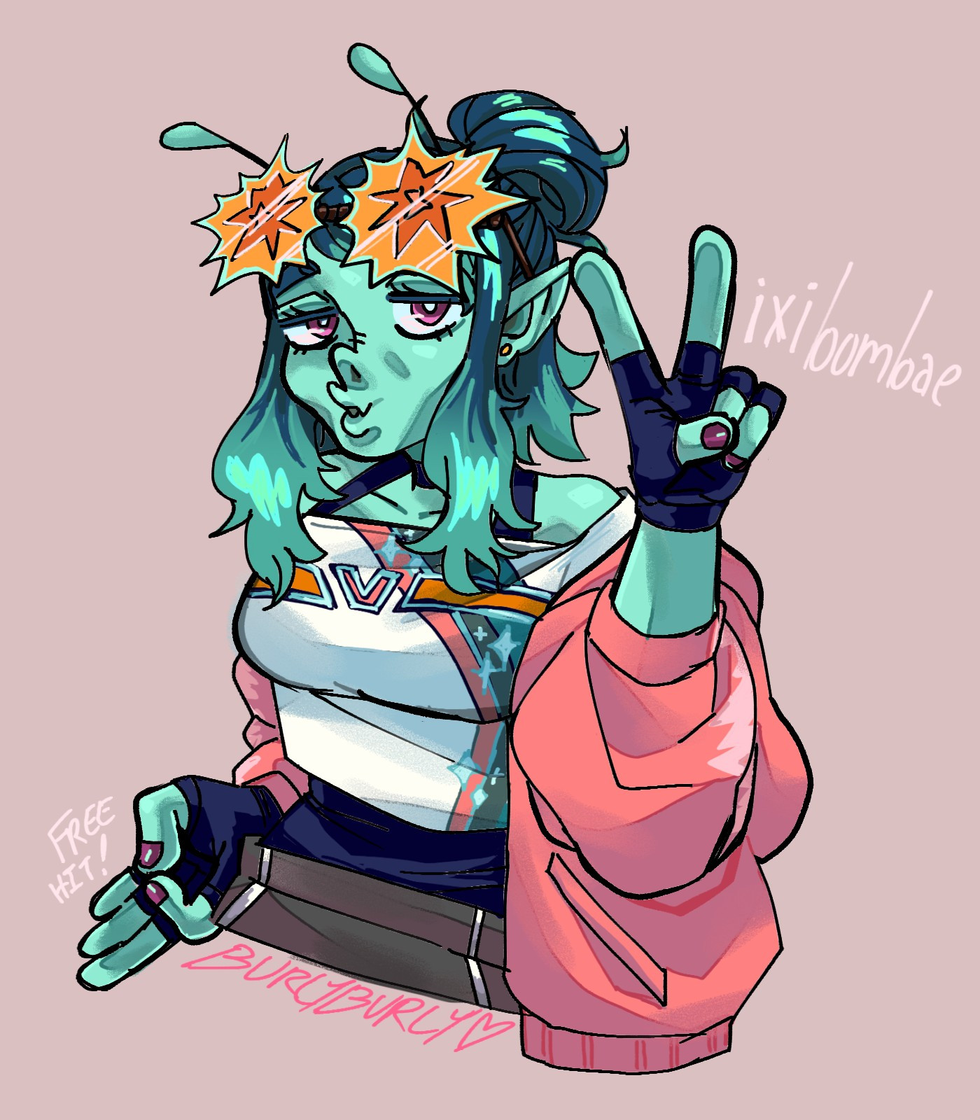 An alien woman with bright teal skin gives the victory sign and the 'free hit' okay sign at the same time. She's got wild hair in a messy bun and wears stylish street clothes, with explosion sunglasses and two little teal antennae sticking out from her head. 