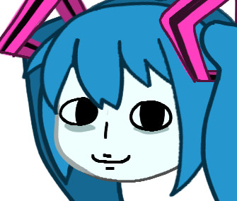 A pale face stares at you with a coy smile, framed with teal blue hair in pigtails. It is the same character. It is Shiteyanyo, a version of Miku that is just her head and her pigtails as legs.