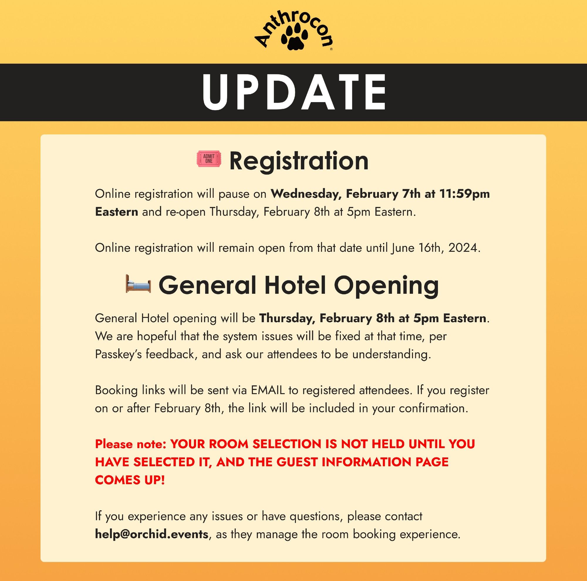 A visual graphic of Anthrocon's latest announcement for registration and hotel bookings. A full text version can be found on their website. https://www.anthrocon.org/news/2024/2/5/anthrocon-2024-general-hotel-booking-revised-date