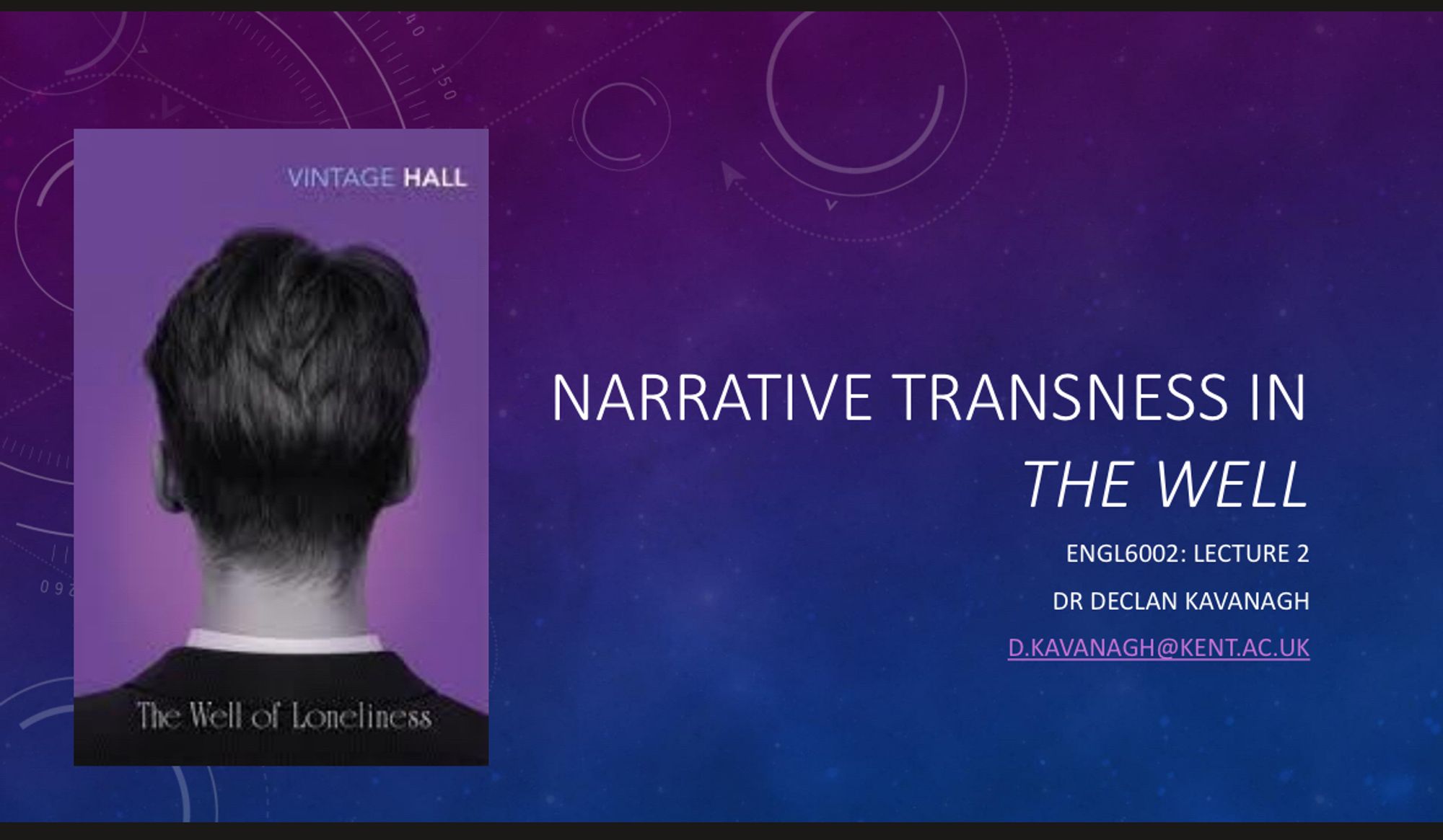 First slide of my lecture. Book cover. NARRATIVE TRANSNESS IN
THE WELL
ENGL6002: LECTURE 2
DR DECLAN KAVANAGH
D.KAVANAGH@KENT.AC.UK