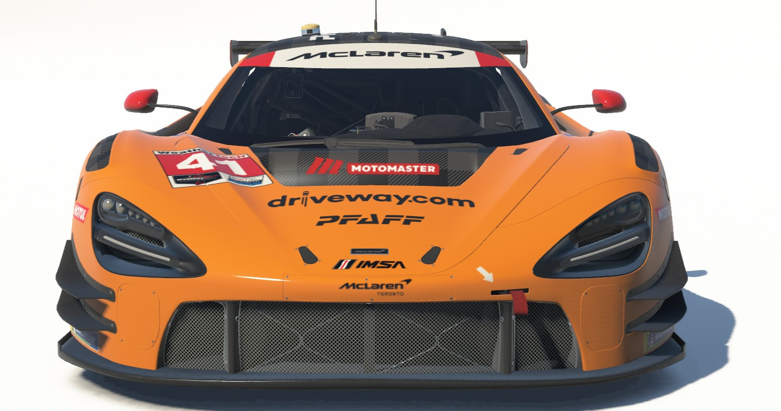 A front-facing image of Pfaff Motorsport's McLaren 720S GT3 EVO in iRacing's paint shop.