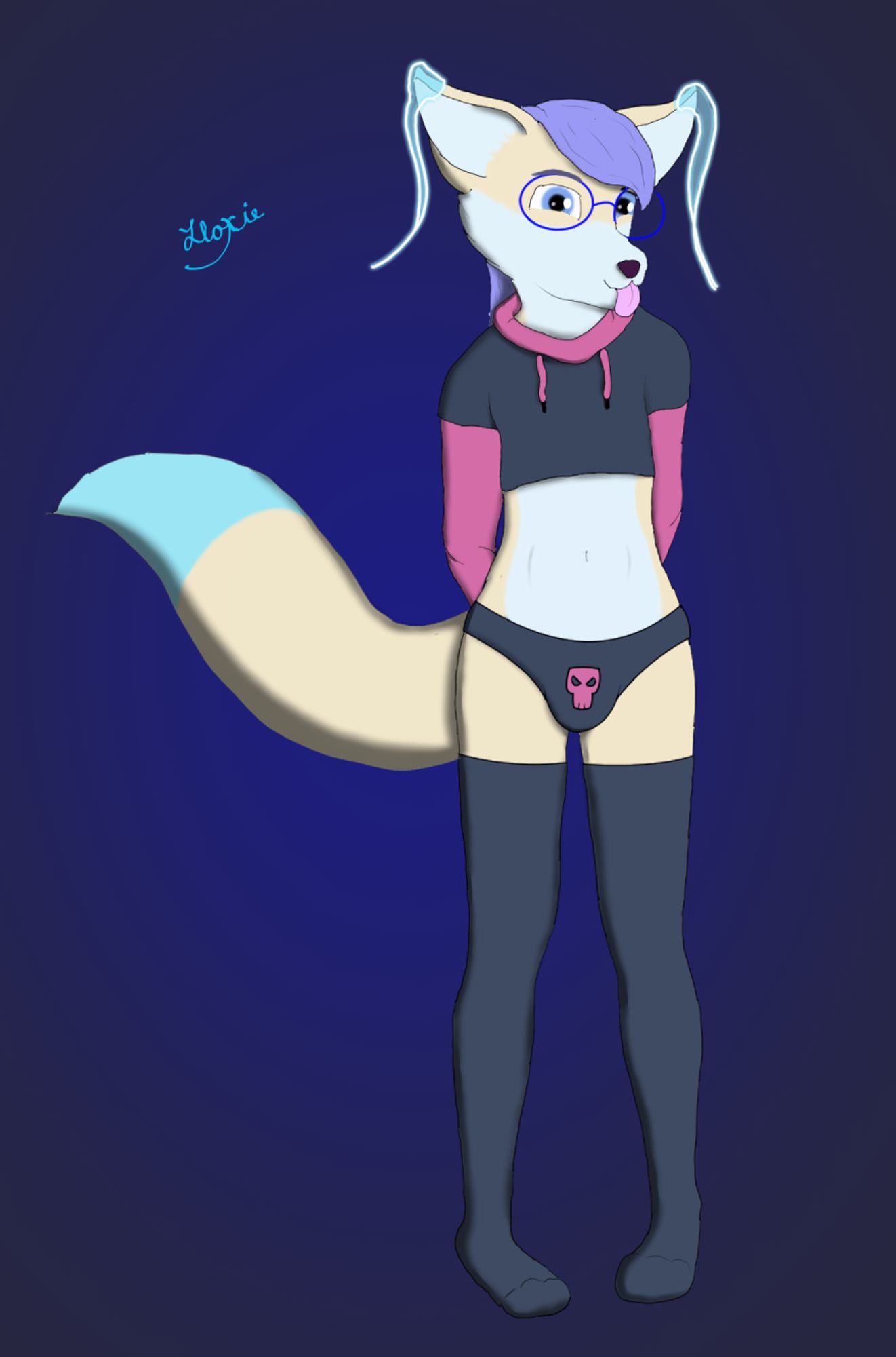 Lloxie the phasefox standing and looking cute in the latest memeoutfit, and also blepping. 