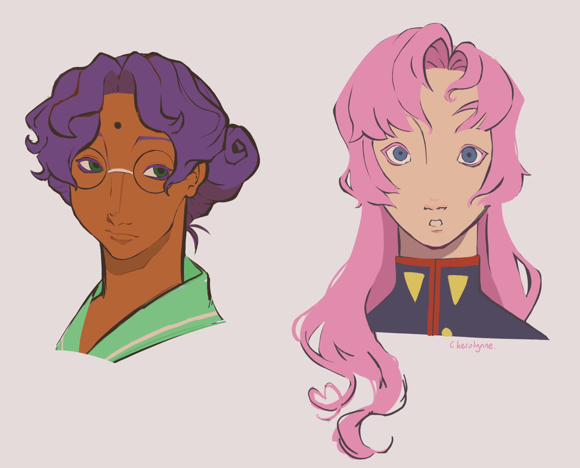 A color portrait sketch of anthy himemiya and utena tenjou from revolutionary girl utena. anthy is on the viewer’s left, slightly turned away with a faint smile. utena faces the viewer directly, her eyes wide, eyebrows raised and mouth slightly open.