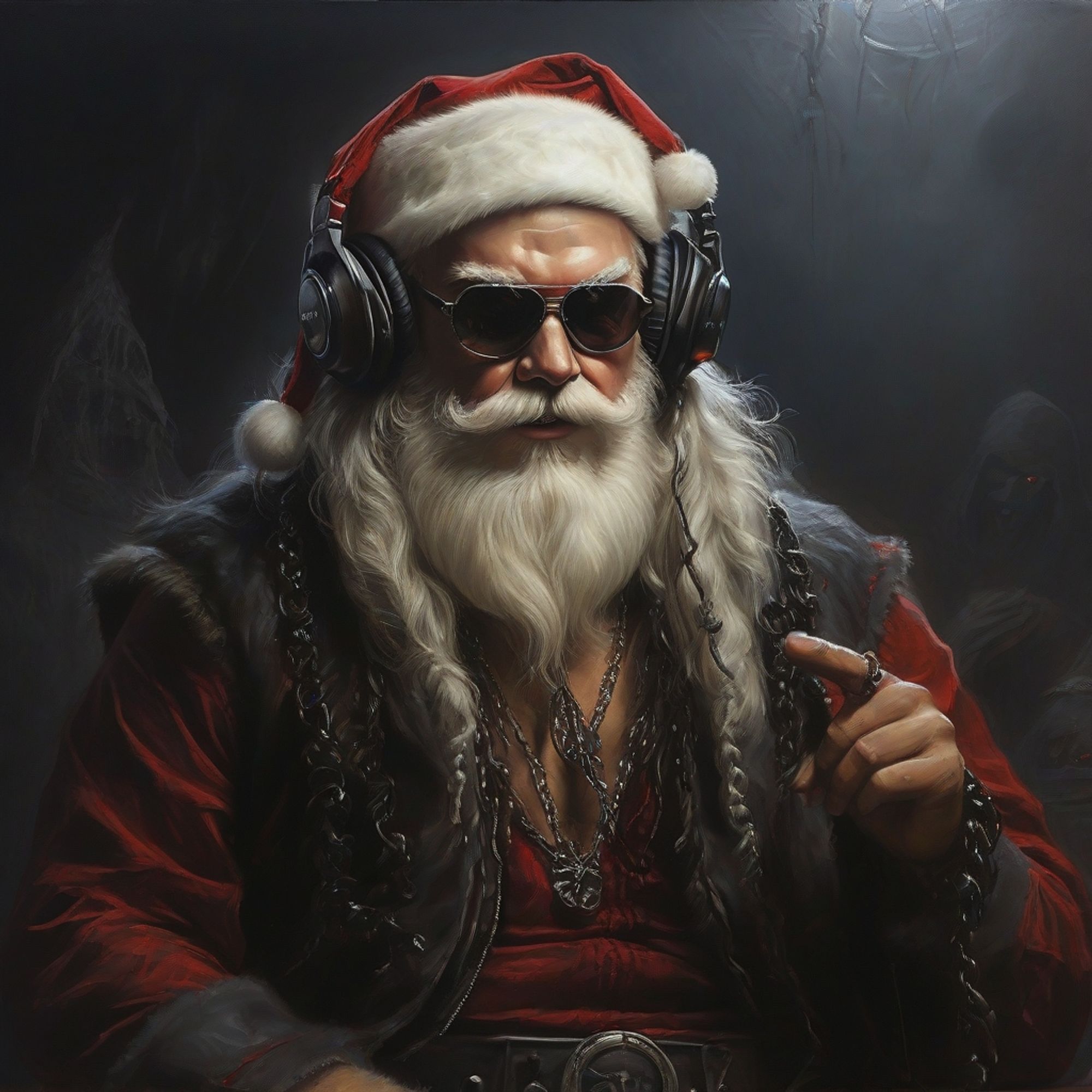 Santa Claus dressed up like a metal fan listening to music by Timeless Rage on headphones