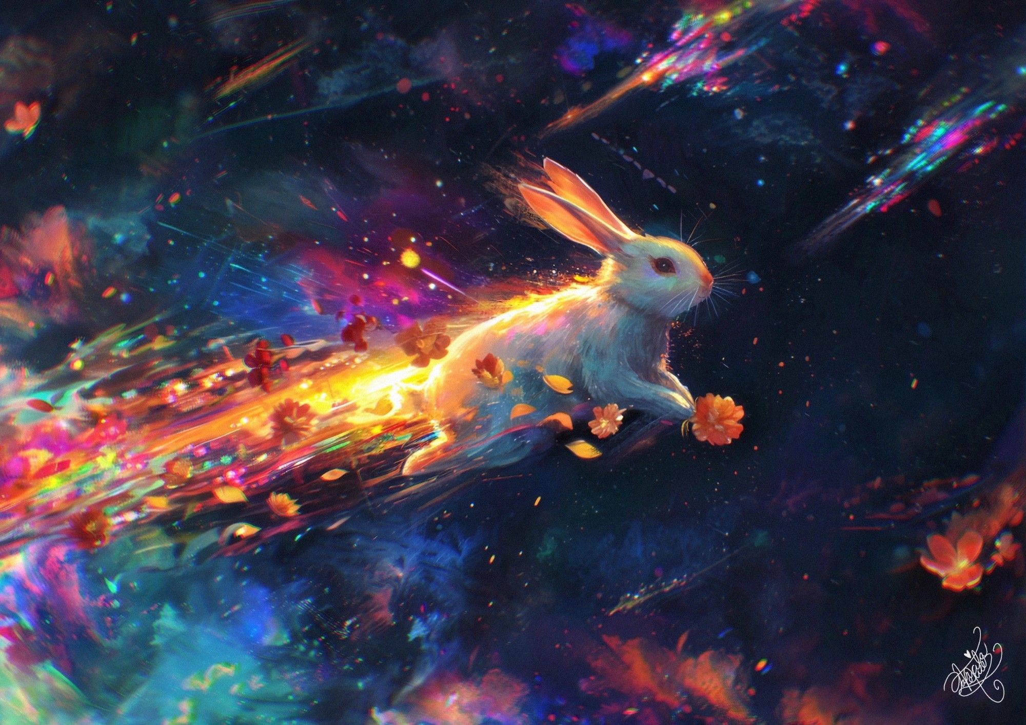 "Tarcila Neves' art piece titled 'Rocket Bunny' depicts a bunny shooting through space in the shape of a star. The bunny's tail is composed of vibrant flowers and sparks, adding to the surreal and fantastical nature of the painting. Neves' attention to detail brings out the intricate elements of fantasy and surrealism in this captivating artwork."