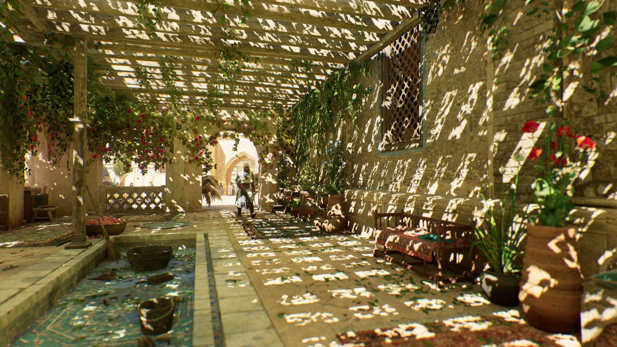 Basim marche dans une petite galerie de Bagdad ornée de plantes, d'un bassin rectangulaire peu profond et de quelques bancs. Elle est couverte d'un treillage de bois sur lequel montent des plantes grimpantes. Le soleil filtre à travers le treillage, créant un jeu d'ombres et de lumières qui donne à la scène une ambiance presque irréelle.