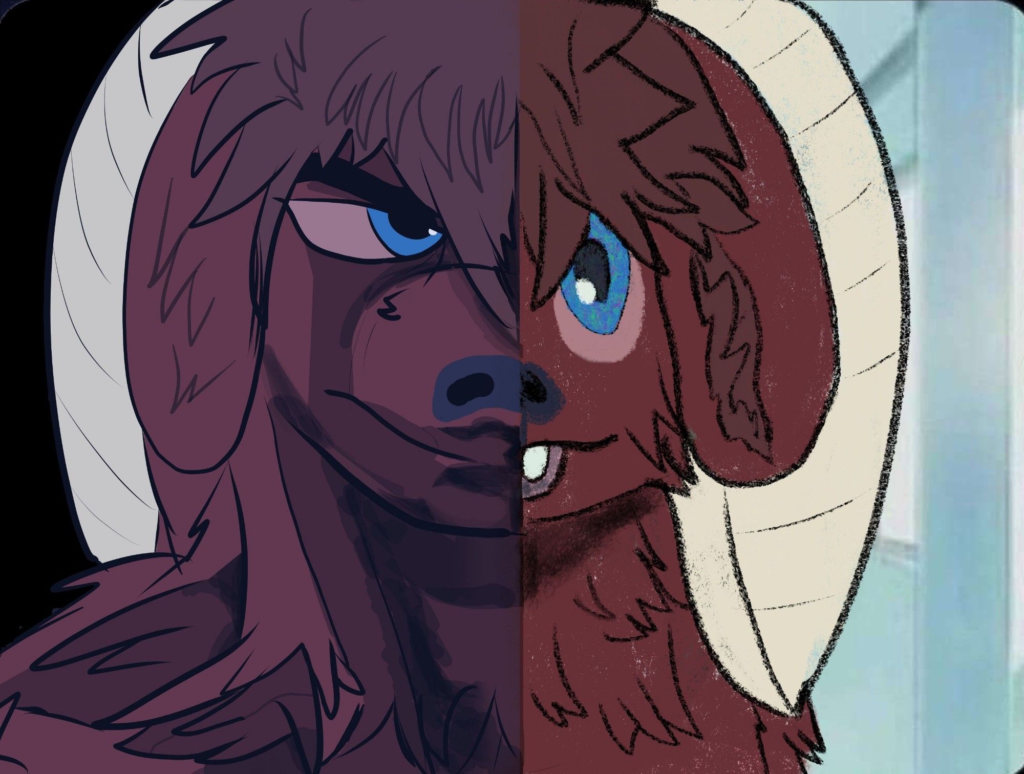 A pair of portraits cut in half. Left, somber. Sober. Right. High on weed uwu