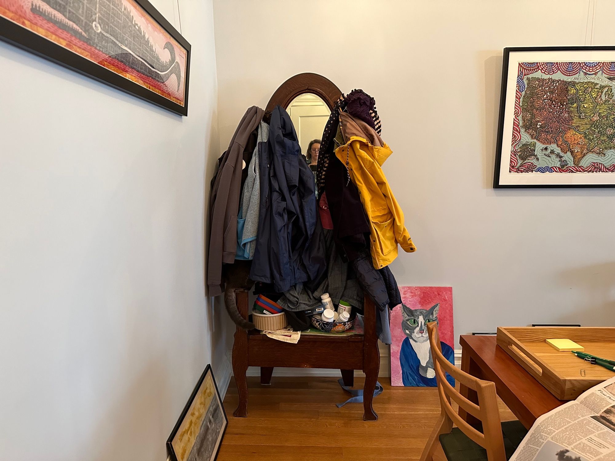 Cat hidden beneath coats