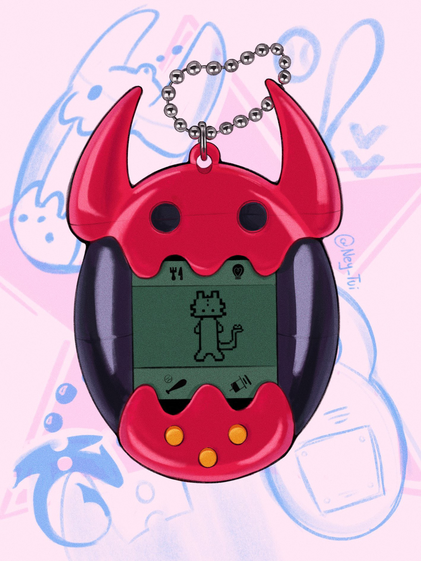 red and black Tamagotchi design based on Toothless from How to train your dragon 