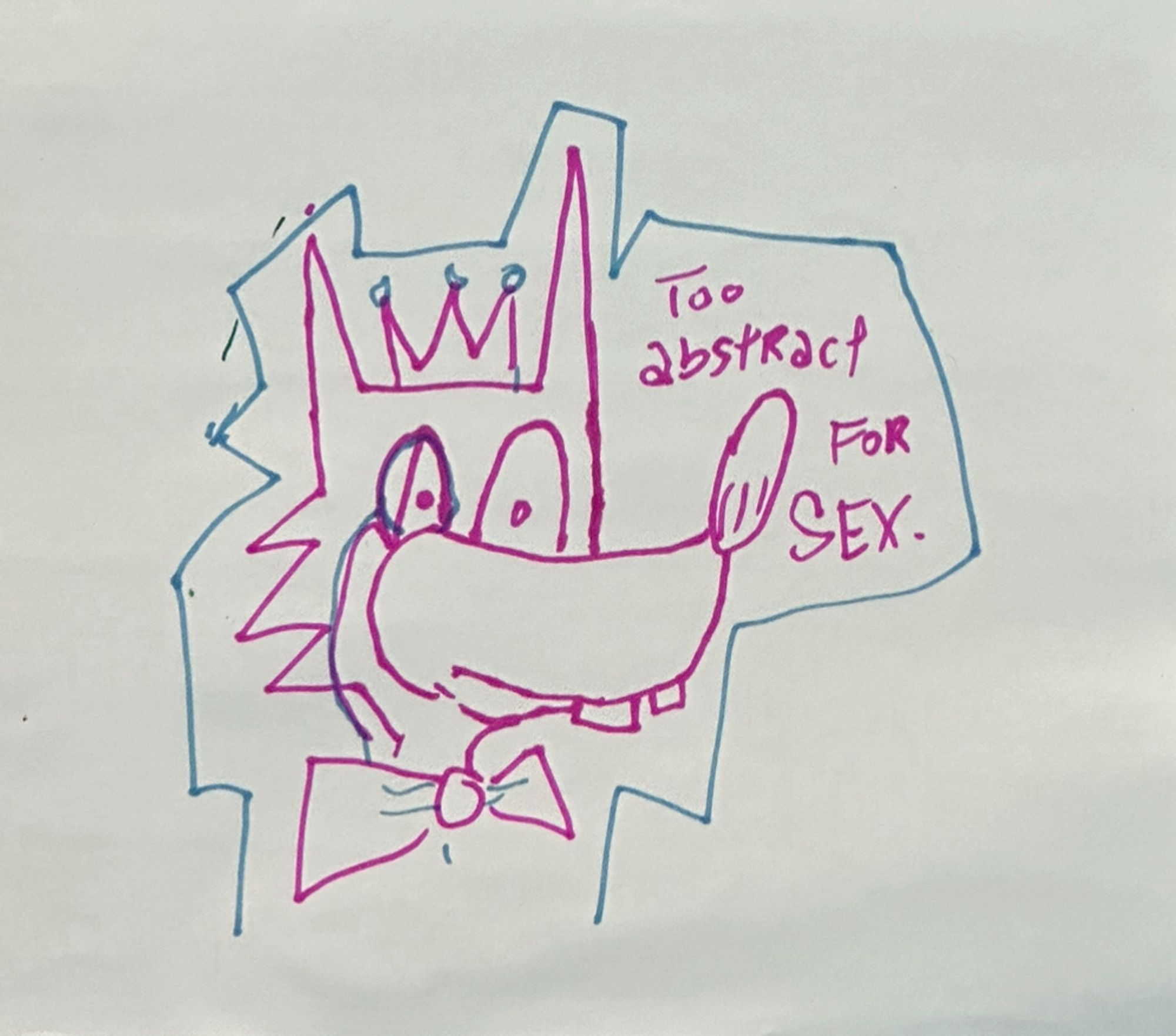 A funny image of a cartoon wolf wearing a bow tie, a king’s crown, and a monocle, captioned “Too abstract for for sex.”