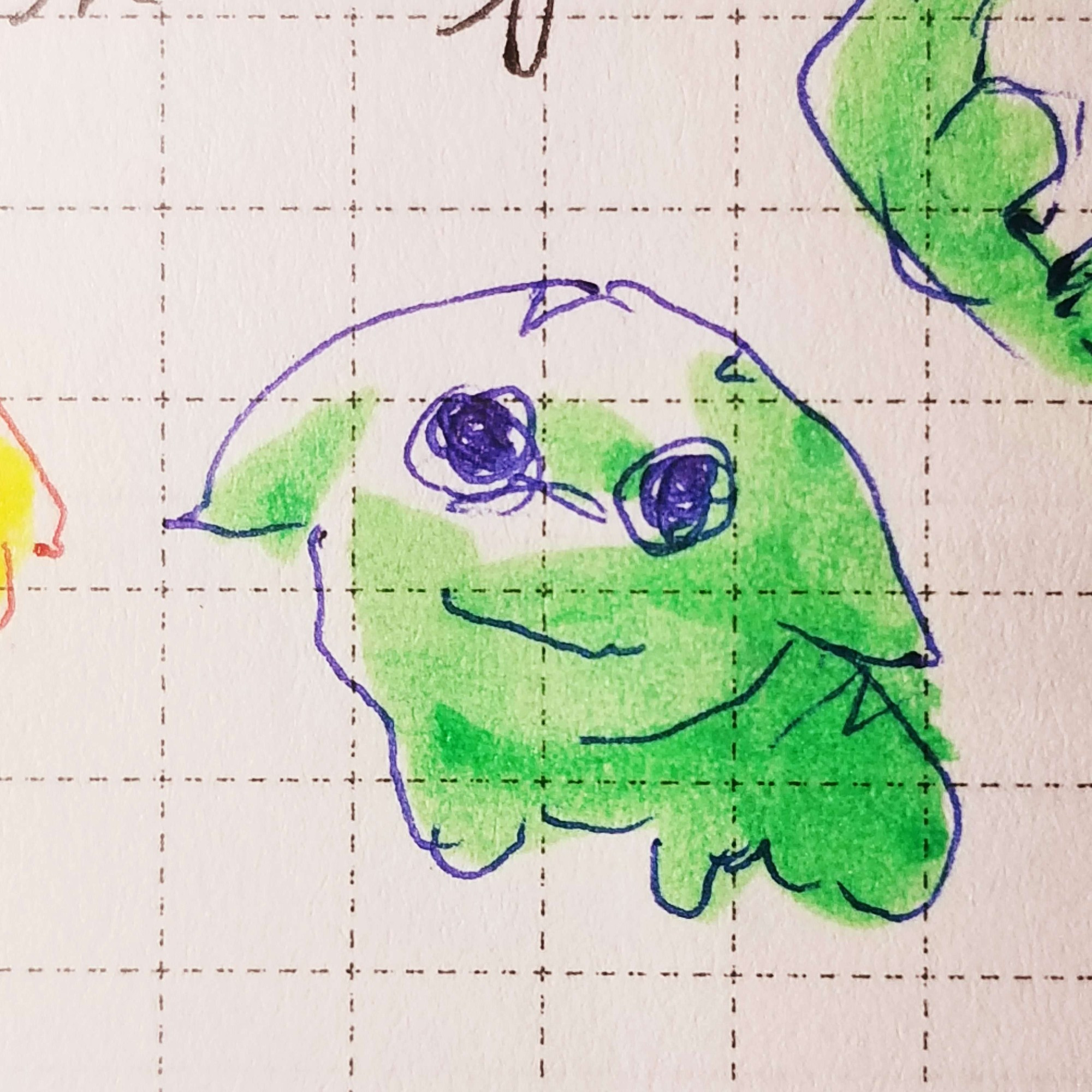 crude pen drawing of a green poogle neopet with green highlighter shading