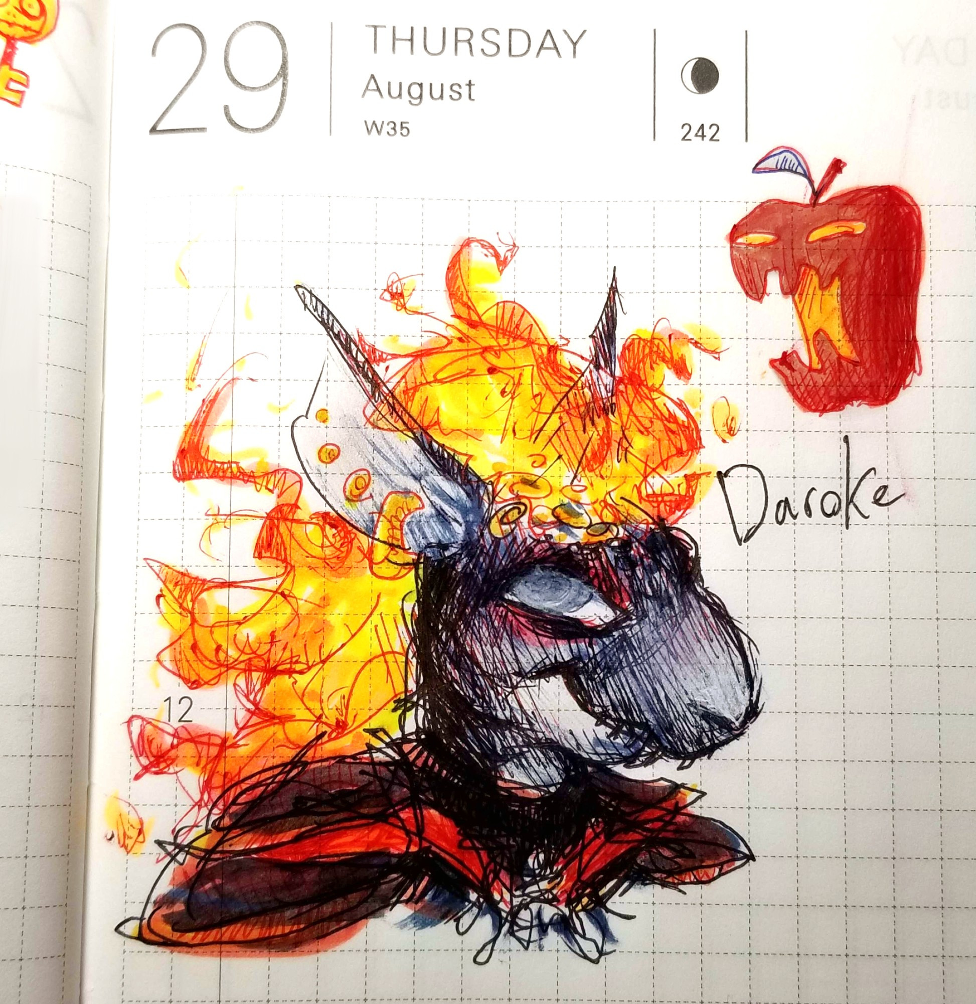 neopets pen and mixed ink drawing of a dark fantasy night themed fire kyrii named Daroke. featuring an evil apple