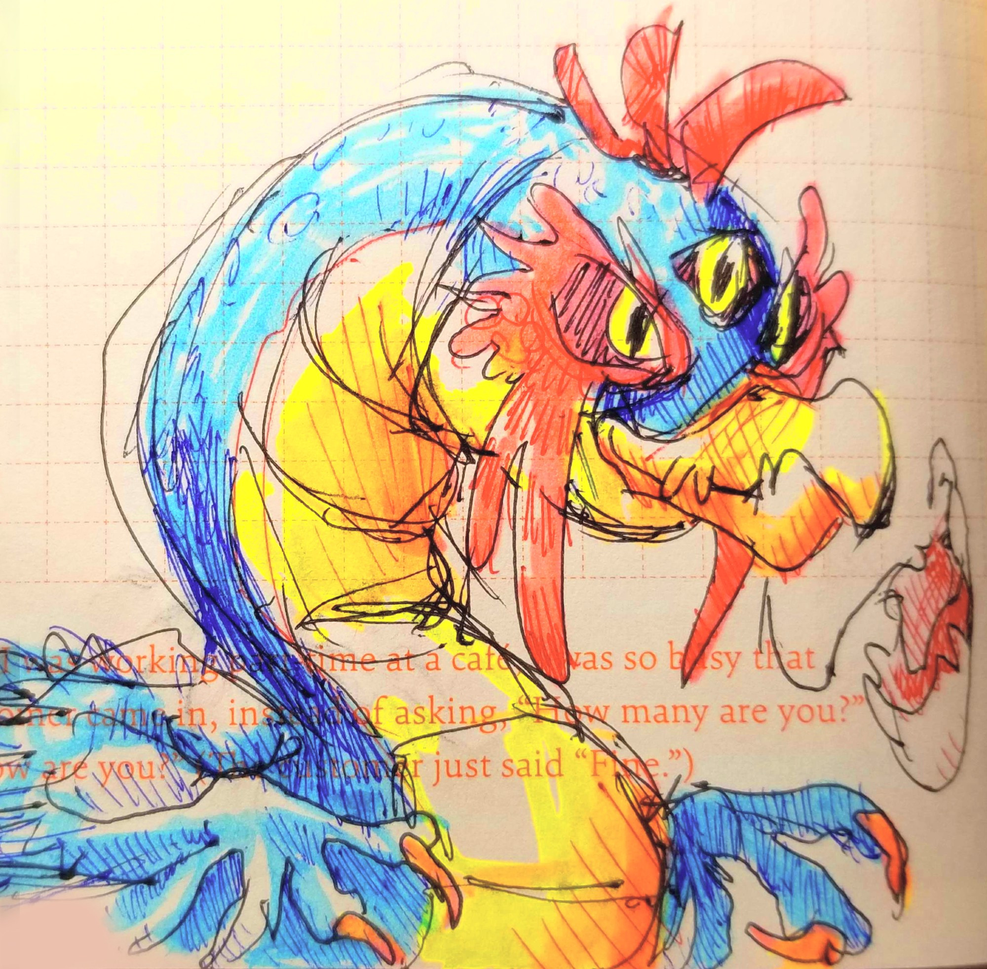 neopets pen and highlighter drawing of a mutant pteri, a cockatrice looking thing