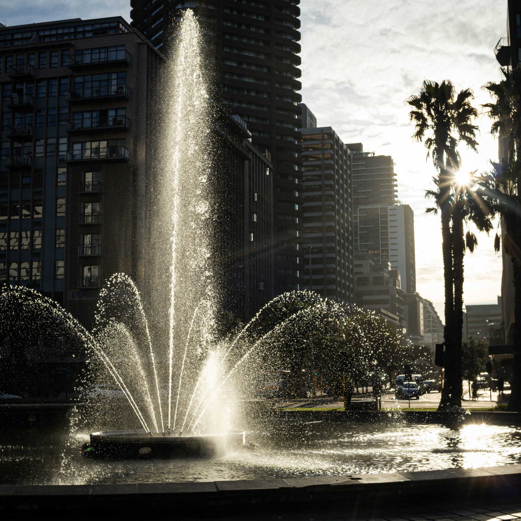 Cape Town Fountain. Looking west past the fountain, down Hans Strijdom Avenue.