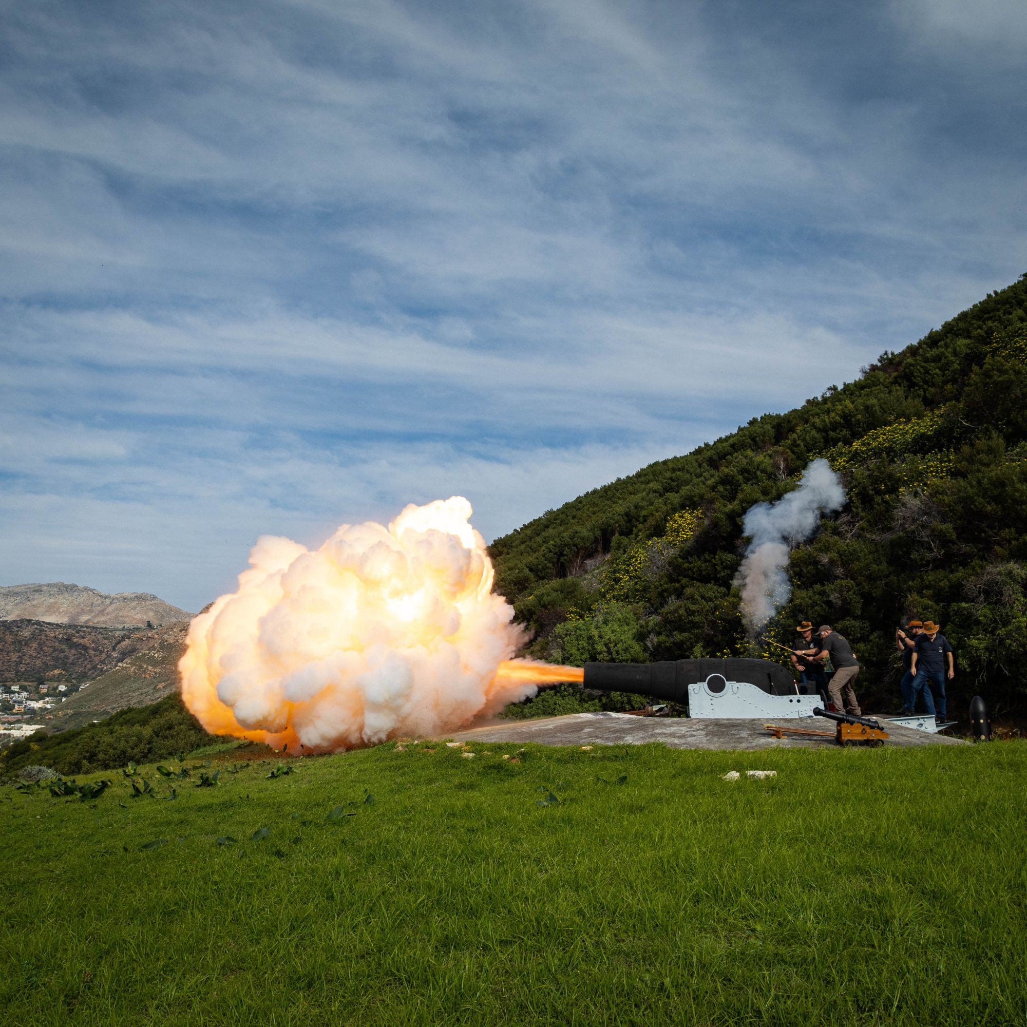 Nine inch rifled muzzle loader fired from Middle North Battery overlooking Simon's Town on Youth Day.