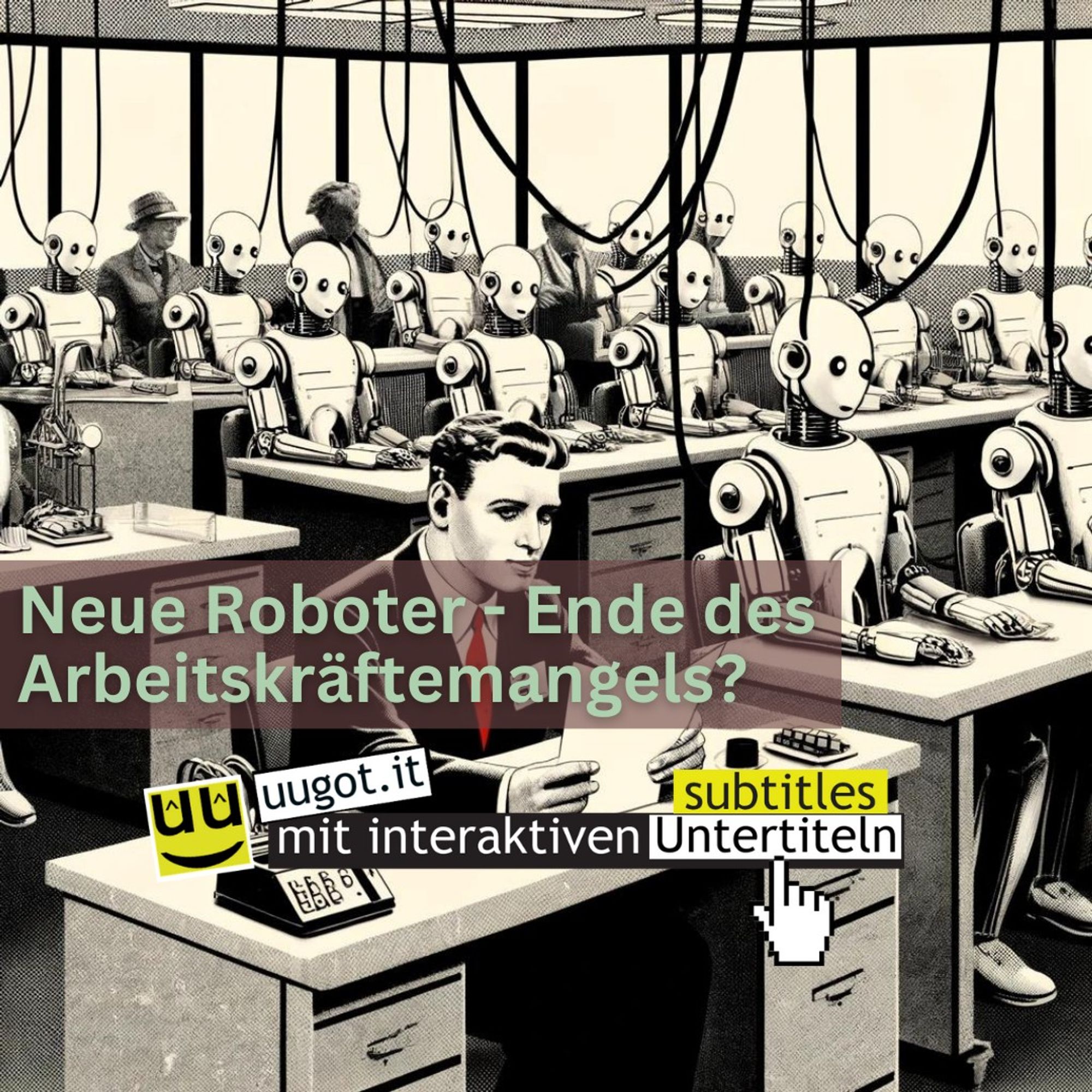 Das Bild zeigt ein Büro im Stil der 1950er und 1960er Jahre, hauptsächlich in Schwarz-, Weiß- und Grautönen gehalten, mit gelben und roten Akzenten. In mehreren Reihen sitzen humanoide Roboter an Schreibtischen und arbeiten. Kabel ragen aus ihren Köpfen. Die Roboter haben ein freundliches Aussehen. Ein Mann sitzt vorne rechts am Schreibtisch, hält Entlassungspapiere in der Hand und wirkt geknickt, da die Roboter seine Arbeit übernommen haben. Im Vordergrund steht die Schlagzeile: „Neue Roboter – Ende des Arbeitskräftemangels?“ und darunter das Logo „uugot.it mit interaktiven Untertiteln“.

Im Vordergrund wird die Funktionalität der interaktiven Untertitel mit "click2translate" stilisiert dargestellt, wobei auf ein Wort im Untertitel geklickt wird und eine Übersetzung eingeblendet wird. Diese Funktionalität erleichtert es dem User, dem Inhalt zu folgen, wenn die Sprache noch nicht ausreichend beherrscht wird. uugot.it ermöglicht damit mediale Teilhabe von Zuwanderern.