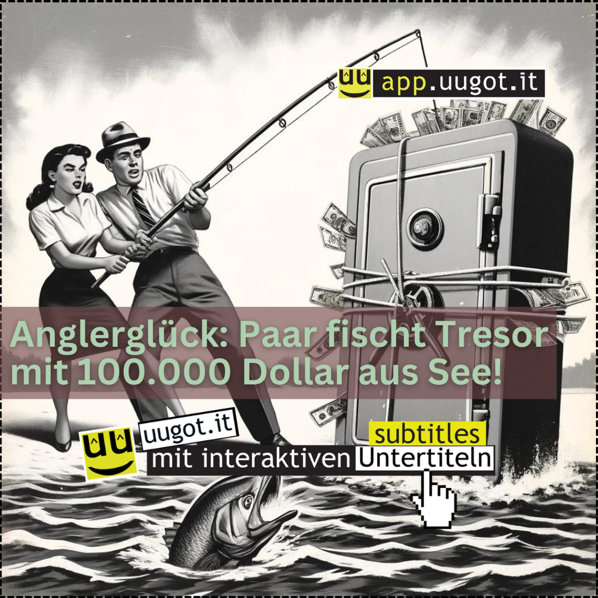 Auf dem Bild sieht man einen Mann und eine Frau am Ufer stehen, die gemeinsam an einem Ende einer Angelrute ziehen. Der Angelhaken ist an einem großen, schweren Tresor verheddert, der mit Dollarnoten gespickt ist. Beide, der Mann und die Frau, haben angestrengte Gesichtsausdrücke, die die immense Kraftanstrengung widerspiegeln. Ein Fisch im Wasser schaut verwundert auf den ungewöhnlichen Fang.

Im Vordergrund wird die Funktionalität der interaktiven Untertitel mit "click2translate" stilisiert dargestellt, wobei auf ein Wort im Untertitel geklickt wird und eine Übersetzung eingeblendet wird. Diese Funktionalität erleichtert es dem User, dem Inhalt zu folgen, wenn die Sprache noch nicht ausreichend beherrscht wird. Diese Funktion ist konzipiert, um mediale Teilhabe von Zuwanderern und Sprachenlernenden zu ermöglichen. Dies fördert sowohl die Integration als auch das einfache Erlernen der deutschen Sprache. Versuch' es unter app.uugot.it