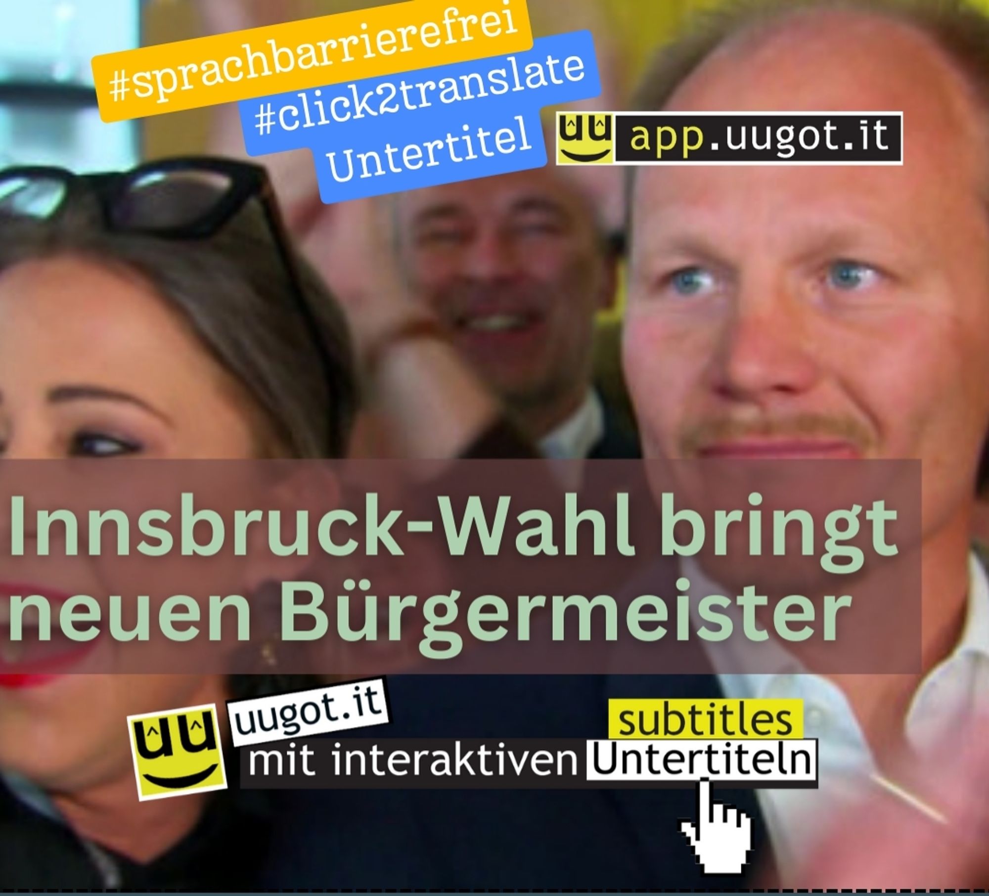 Das Bild zeigt eine fröhliche Menschenmenge, die zusammenkommt, um den Wahlsieg von Johannes Anzengruber zu feiern. Johannes Anzengruber steht rechts im Bild, er lächelt und sieht sehr glücklich aus. Viele Menschen um ihn herum klatschen und freuen sich auch. Sie sind draußen, und es scheint ein sonniger Tag zu sein. Die Leute tragen normale Kleidung wie Jacken und Pullover. Im Hintergrund sind Gebäude, die wie in einer Stadt aussehen. Das Bild zeigt, wie wichtig dieser Moment für Anzengruber und seine Unterstützer ist.Im Vordergrund wird die Funktionalität der interaktiven Untertitel mit "click2translate" von uugot.it stilisiert dargestellt. Ein Wort im Untertitel wird angeklickt und eine Übersetzung eingeblendet. Diese Funktion hilft Menschen, die die Sprache noch nicht gut verstehen, den Inhalt leichter zu folgen. Das Logo "app.uugot.it" weist auf diesen Service hin.