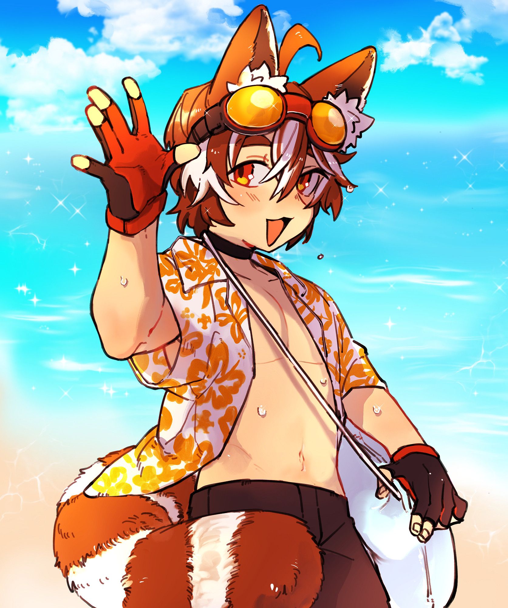 Red panda VTuber GammaChris at the beach in shorts and an open white & orange Hawaiian shirt.  He is waving at the viewer.  His tail is very fluffy.