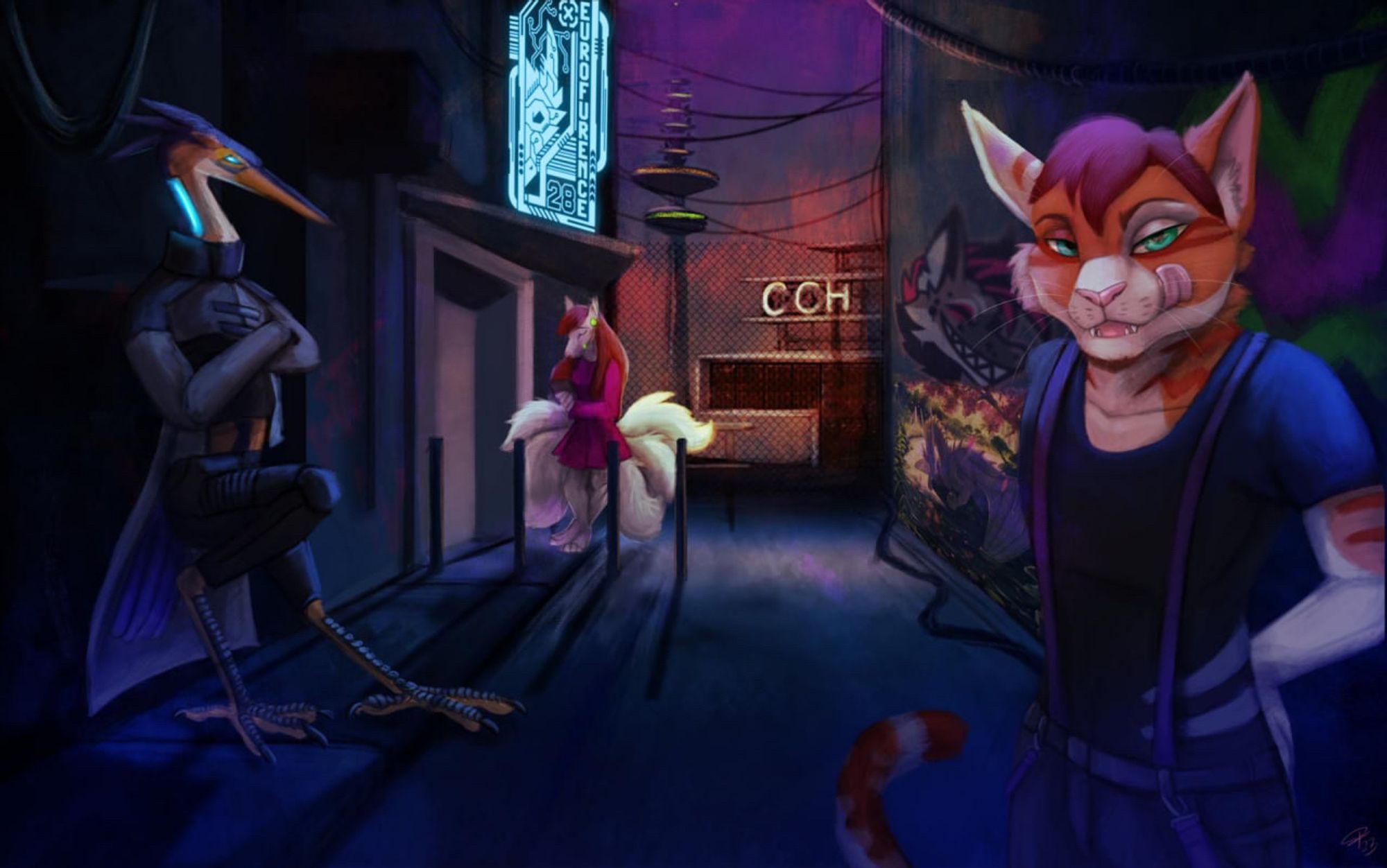 A cyberpunk scene in a dark alleyway, featuring an anthropomorphic cat, bird, and kitsune, with the CCH in the background. Art by Rudzik.