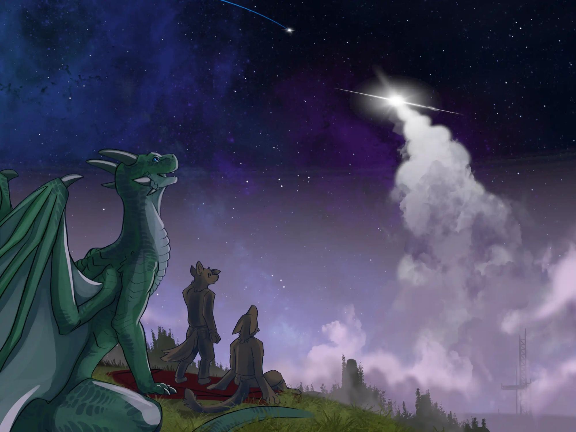 Two anthropomorphic canids and a large feral green dragon sitting on a hill, watching the night sky, where a rocket has just been launched into space.