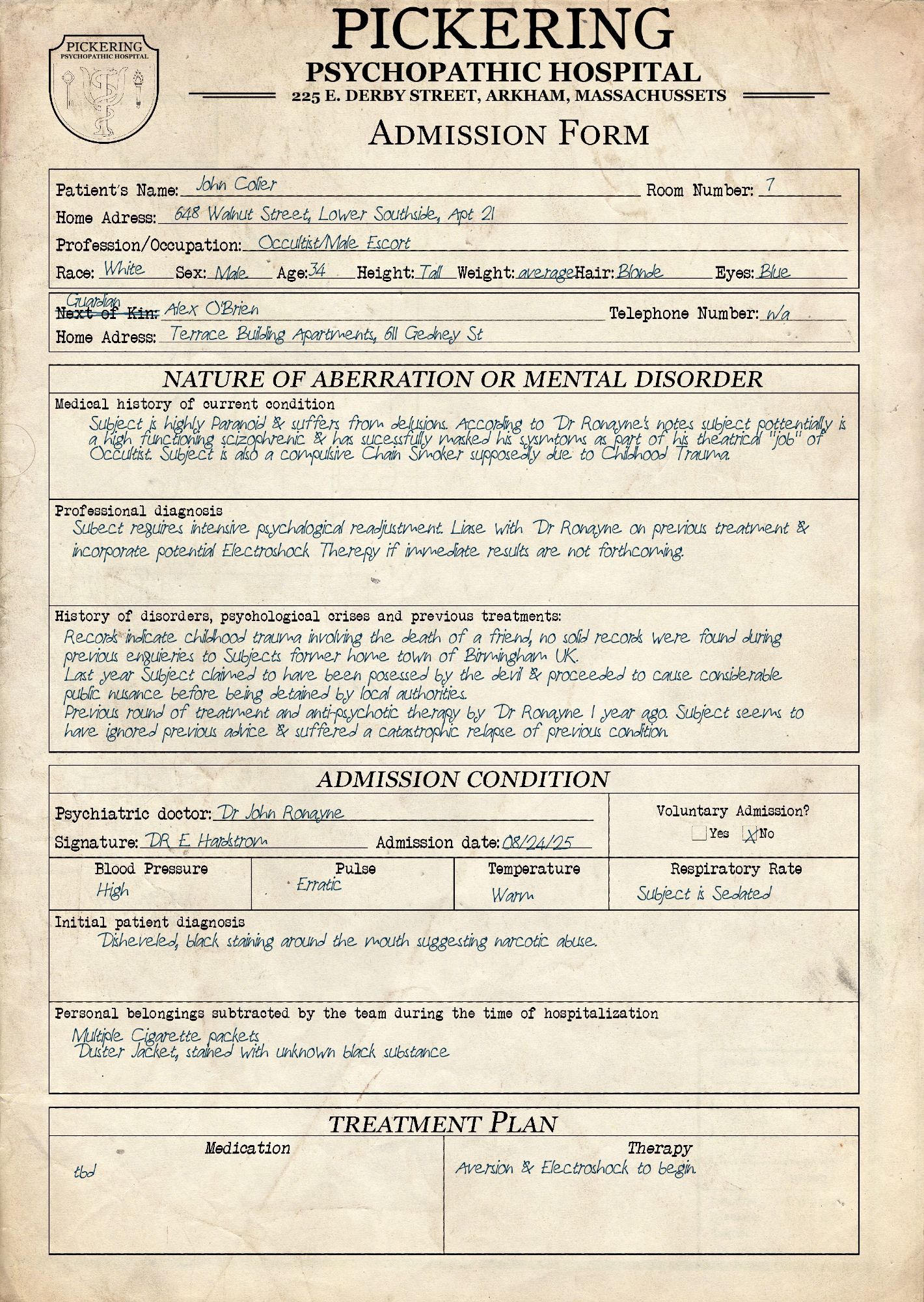 Johns tale ends for now in the Pickering Psychopathic Hospital, as he is taken under the care of his previous Physician, Dr John Ronayne, a man very excited to test his new Electroshock Therapy on the catatonic Occultist.

So, what madness will befall Alex, Carver, & any other poor denizens of Arkham this week, & in future sessions? I have no idea, & I’m the Keeper FFS XD.