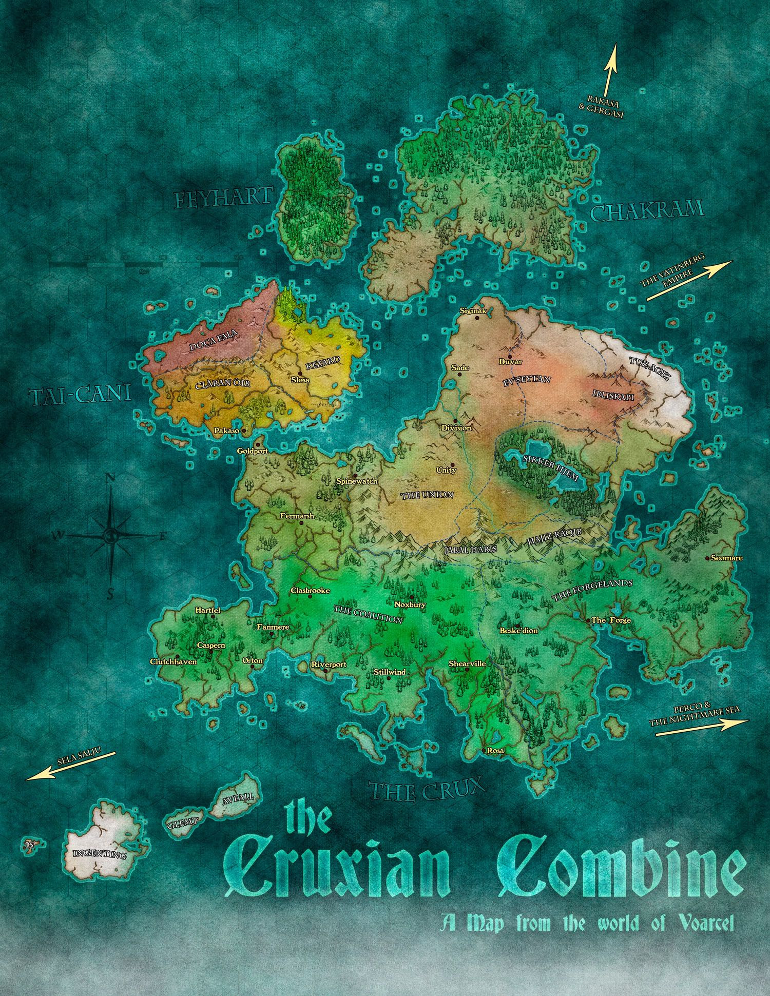 The Crux, one of the main continents where much of the ‘mundane’ people of the Voarcel live. Also included are the Dragonborn island of Tai Cani, the Elven bastion of Feyhart & the Arcane warped lands of Chakram.