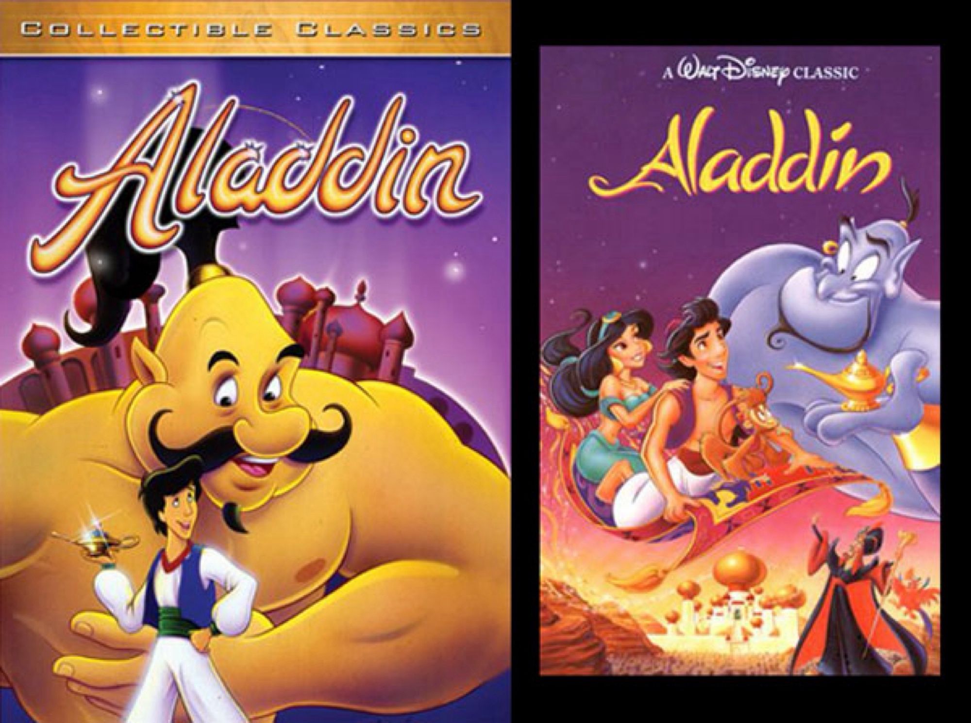 Video covers for Disney Aladdin and some no name knock off copycat Aladdin video.