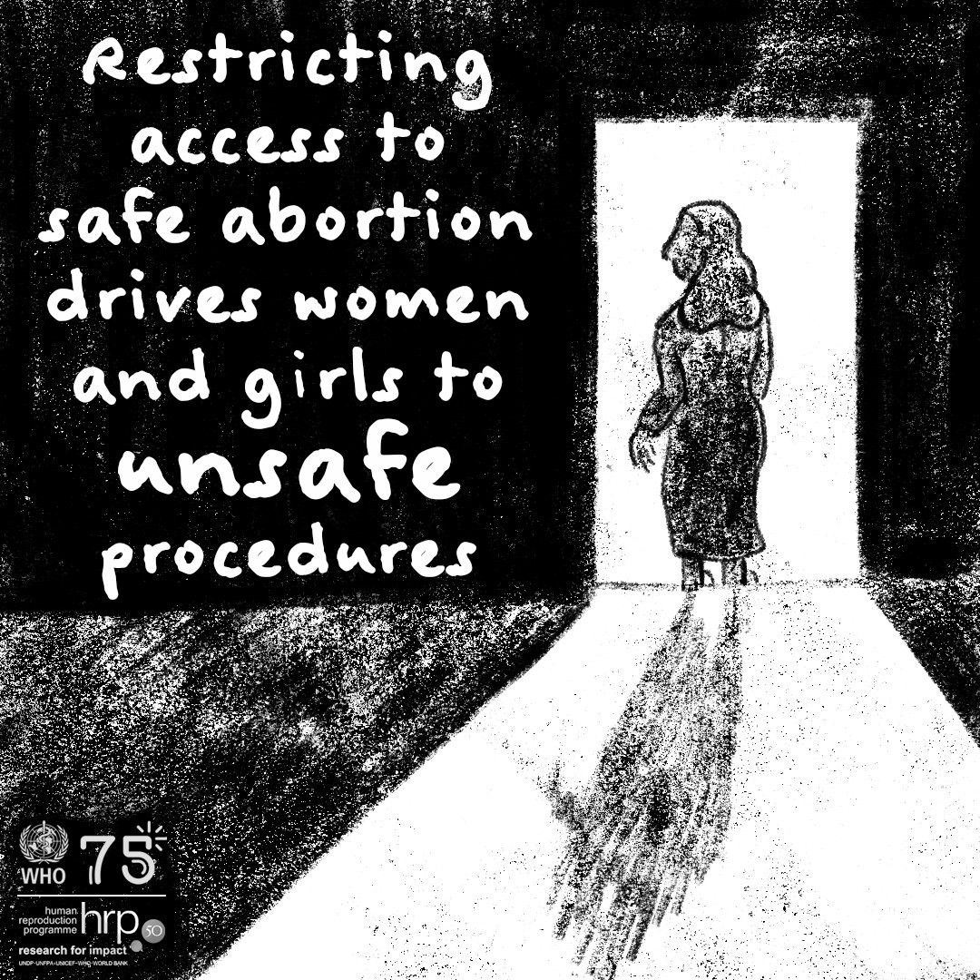 Illustration of a woman standing in a lit doorway, casting a long shadow down a dark hallway. Text on the image reads: 'Restricting access to safe abortion drives women and girls to unsafe procedures.'
