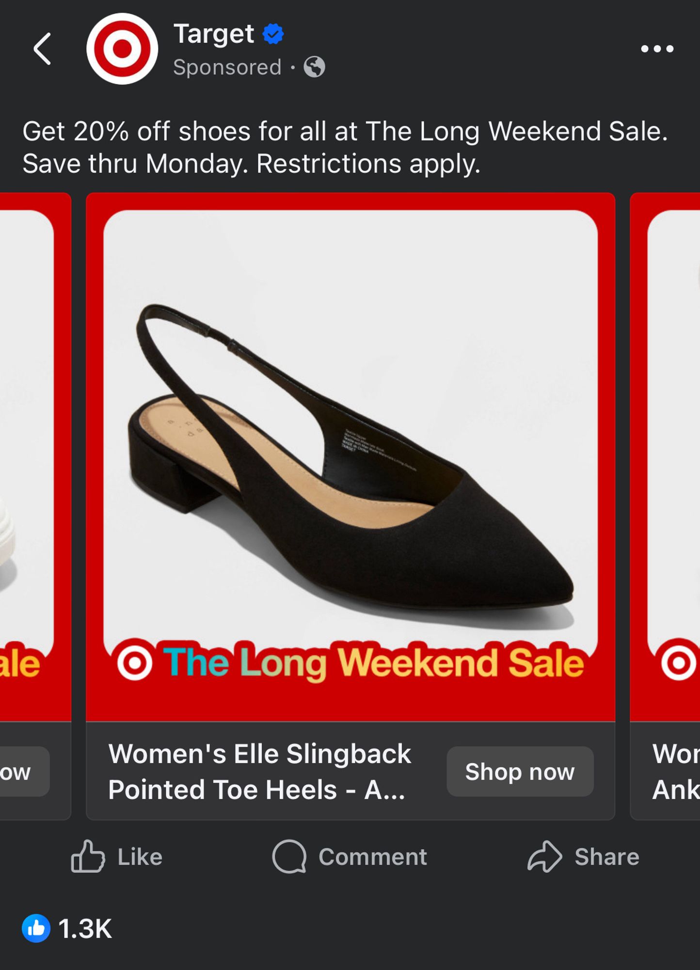 Screenshot of a Target ad featuring a black slingback heel. The ad highlights each product in a red box with the bullseye logo & the words "The Long Weekend Sale" The copy at the top of the ad also names it "The Long Weekend Sale" rather than the Labor Day sale.