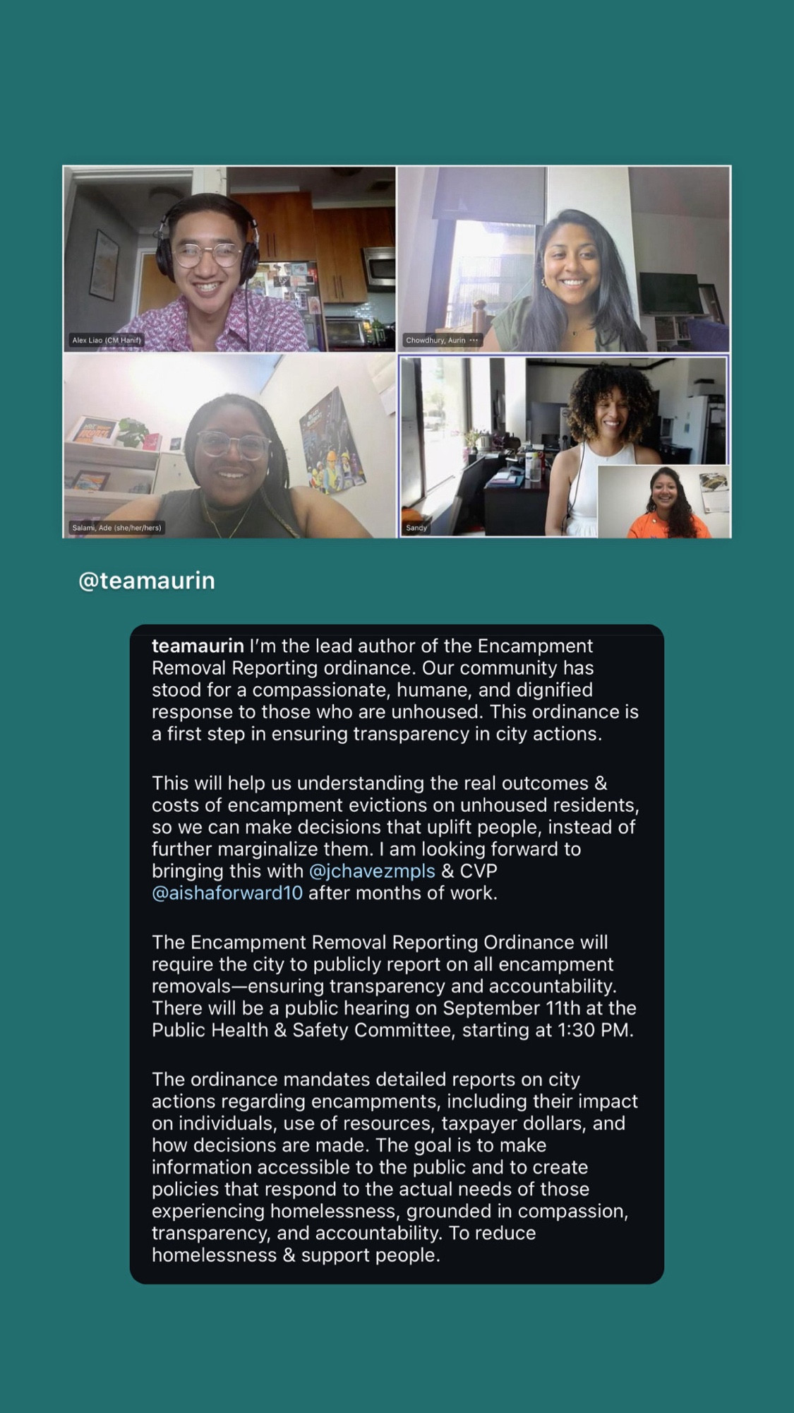 teamaurin
I'm the lead author of the Encampment Removal Reporting ordinance. Our community has stood for a compassionate, humane, & dignified response to those who are unhoused. This ordinance is a 1st step in ensuring transparency in city actions.
This will help us understand the real outcomes & costs of encampment evictions on unhoused residents, so we can make decisions that uplift people, instead of further marginalize them. I am looking forward to bringing this w/ @jchavezmpls & CVP @aishaforward10 after months of work.
It will require the city to publicly report on all encampment removals-
-ensuring transparency & accountability.
There will be a public hearing on Sept 11th at the Public Health & Safety Committee at 1:30 PM.
The ordinance mandates detailed reports on city actions regarding encampments, including their impact on individuals, use of resources, taxpayer dollars, & how decisions are made. The goal is