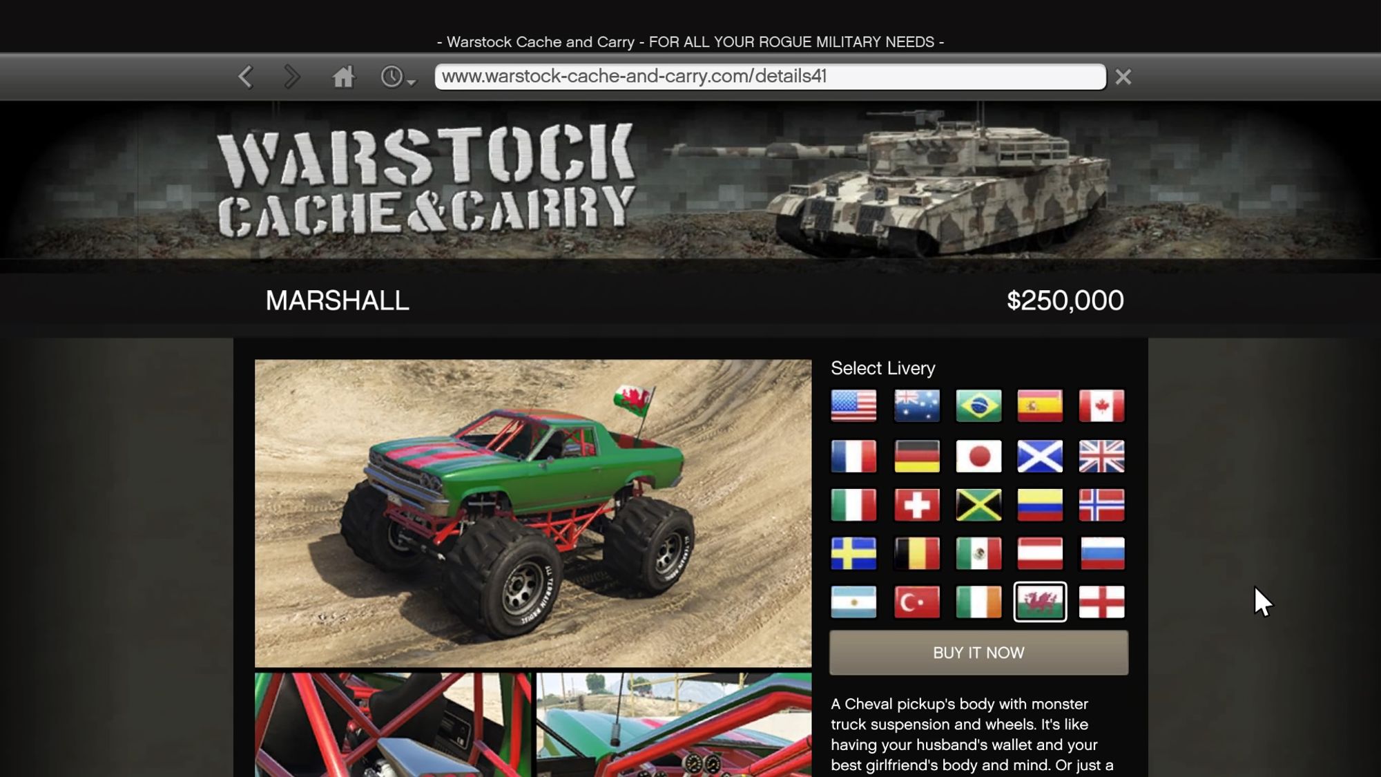 Image of the Welsh variation of the Cheval Marshall monster truck viewed on Grand Theft Auto 5's Warstock Cache & Carry website.