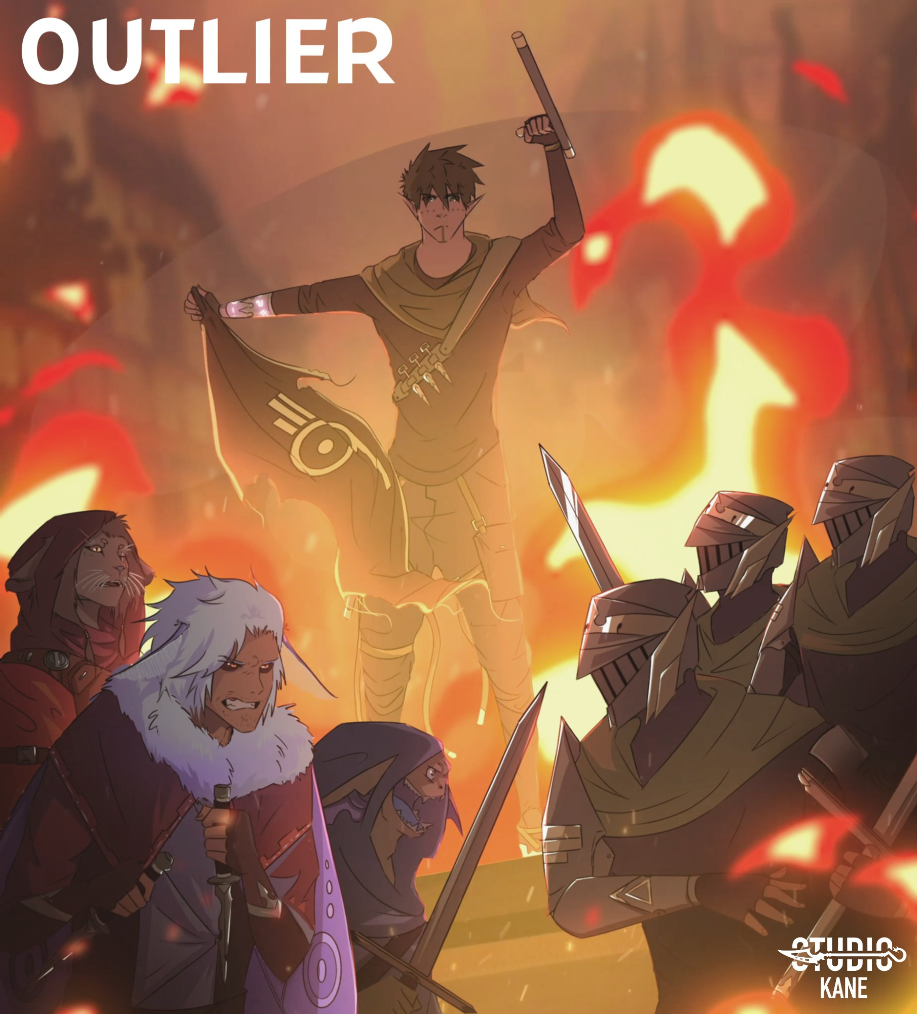 A graphic with a medieval fantasy style. There's a central figure in the background and several figures in the foreground, including some dressed in armor. It says "OUTLIER" in the upper left corner and "Studio Kane" in the lower right corner.