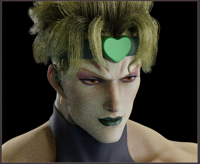 A 3D portrait of the character Dio Brando. He is a vampire with blonde hair, pale skin, and caucasian features. He's wearing make-up: purple eyeshadow and green lipstick. He's using a green headband with a heart shaped ornament on it.