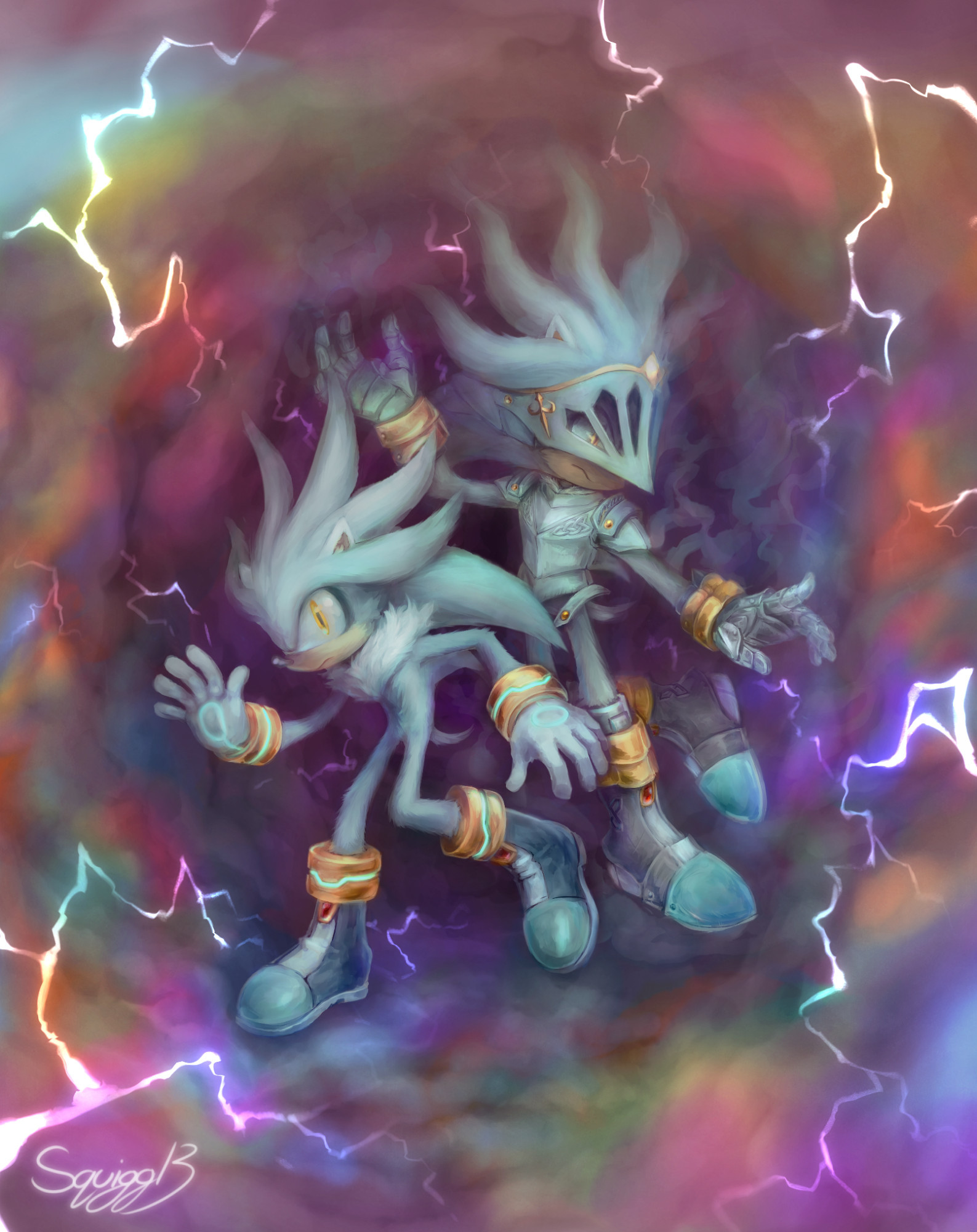 Silver the Hedgehog and Galahad from Sonic and the Black Knight posed in a time-eater portal with lightning surrounding them.