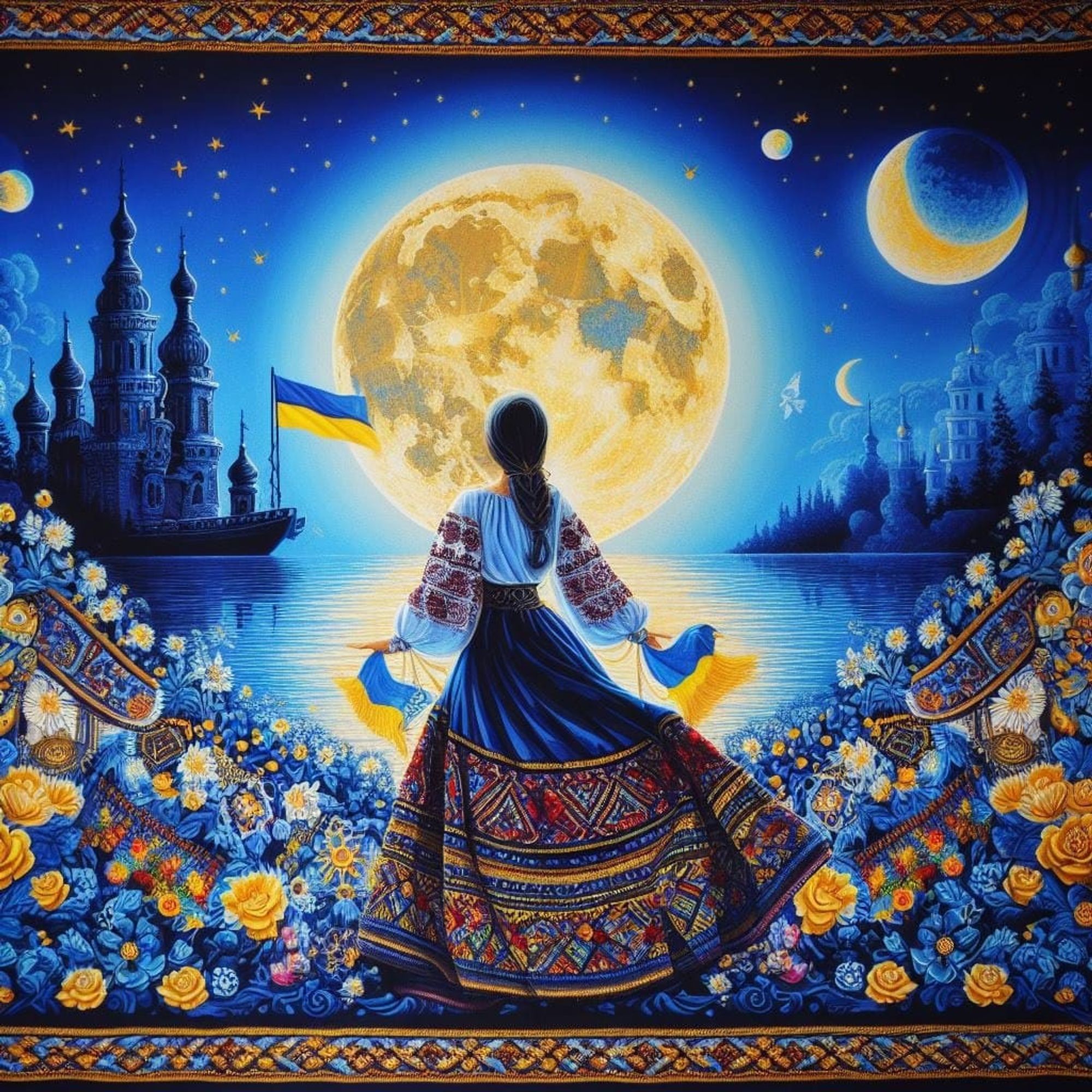 Ukrainian woman, black sea, starry night sky, full moon, shore of blue and yellow flowers