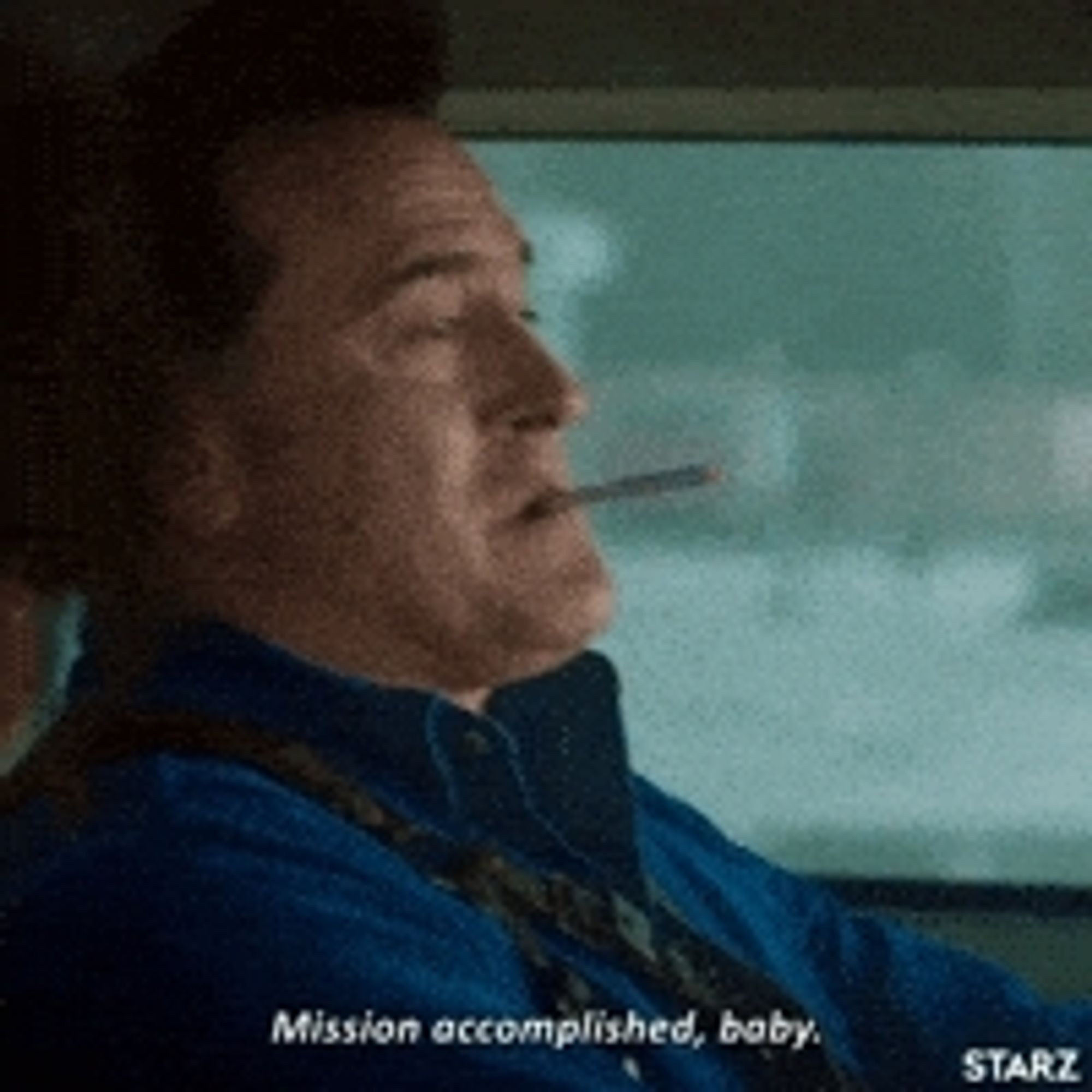 An aging Bruce Campbell mumbles "Mission accomplished, baby" over a cigarette as he drives.