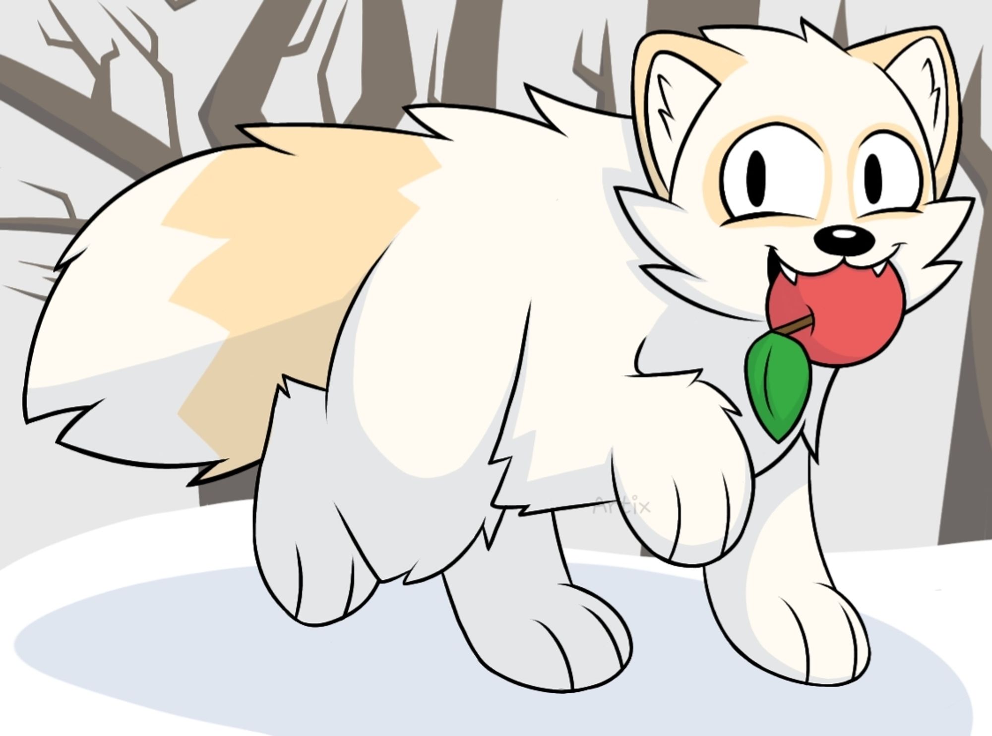 a fox (platinum, i think) carrying an apple