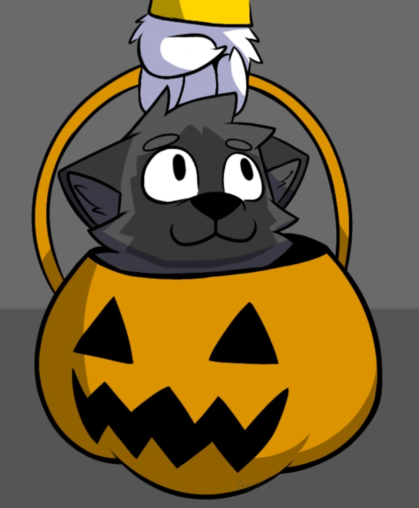 silver fox in a pumpkin basket being carried around by another furry