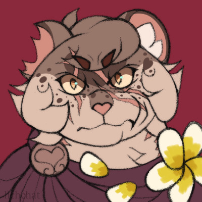 A drawn headshot of @/ratrascal_'s character Sugar from Wayward to Wilds. She's a light brown catfolk with heavy scarring over her eyes and a chunk bitten out of her ear. She's wearing a dull red cloak with a plumeria flower as decoration. 